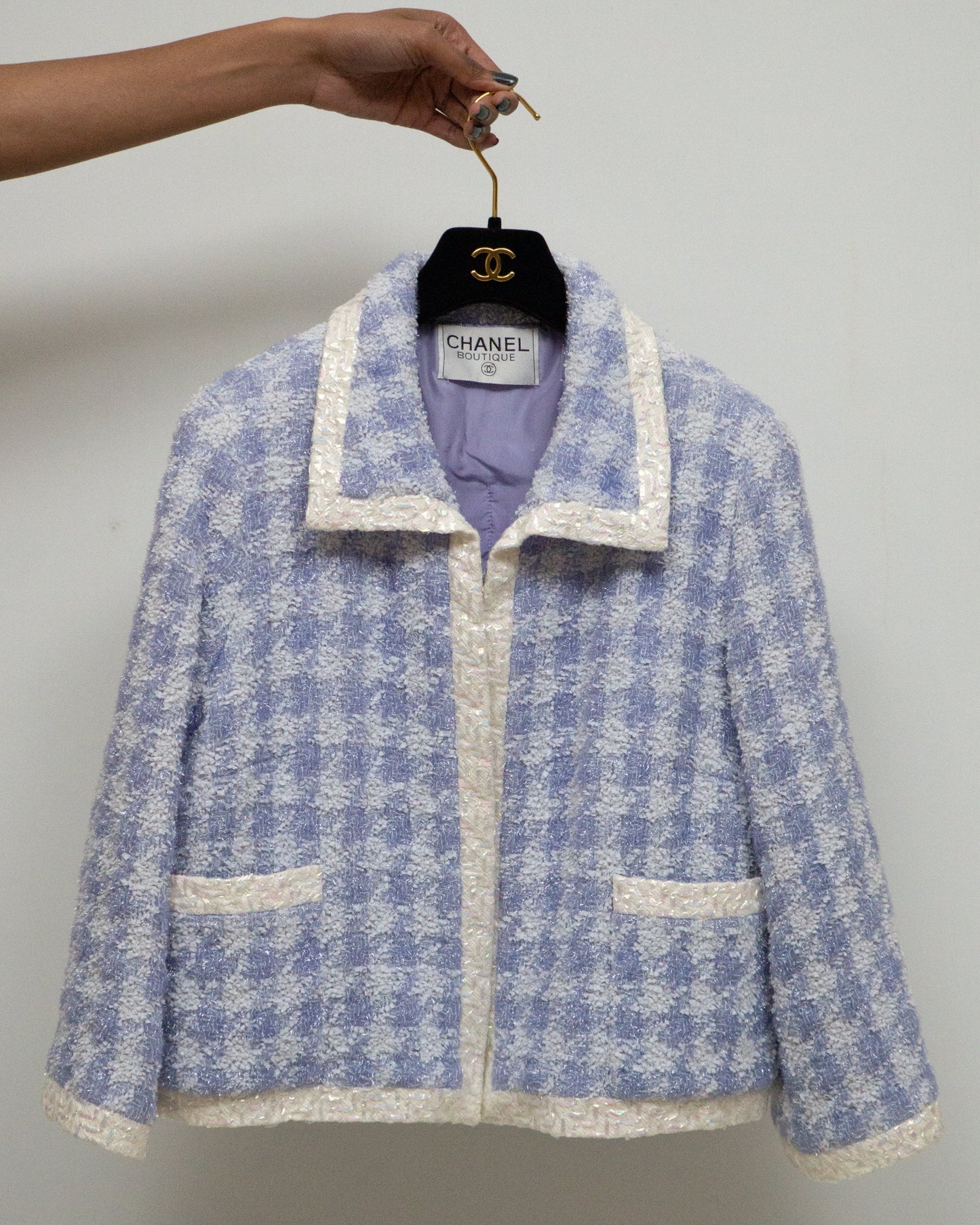 FR44 Chanel Spring 1992 Two Pocket Houndstooth Tweed Jacket in Blue - Vintage Chanel Jacket - Jacket - Rarchive.