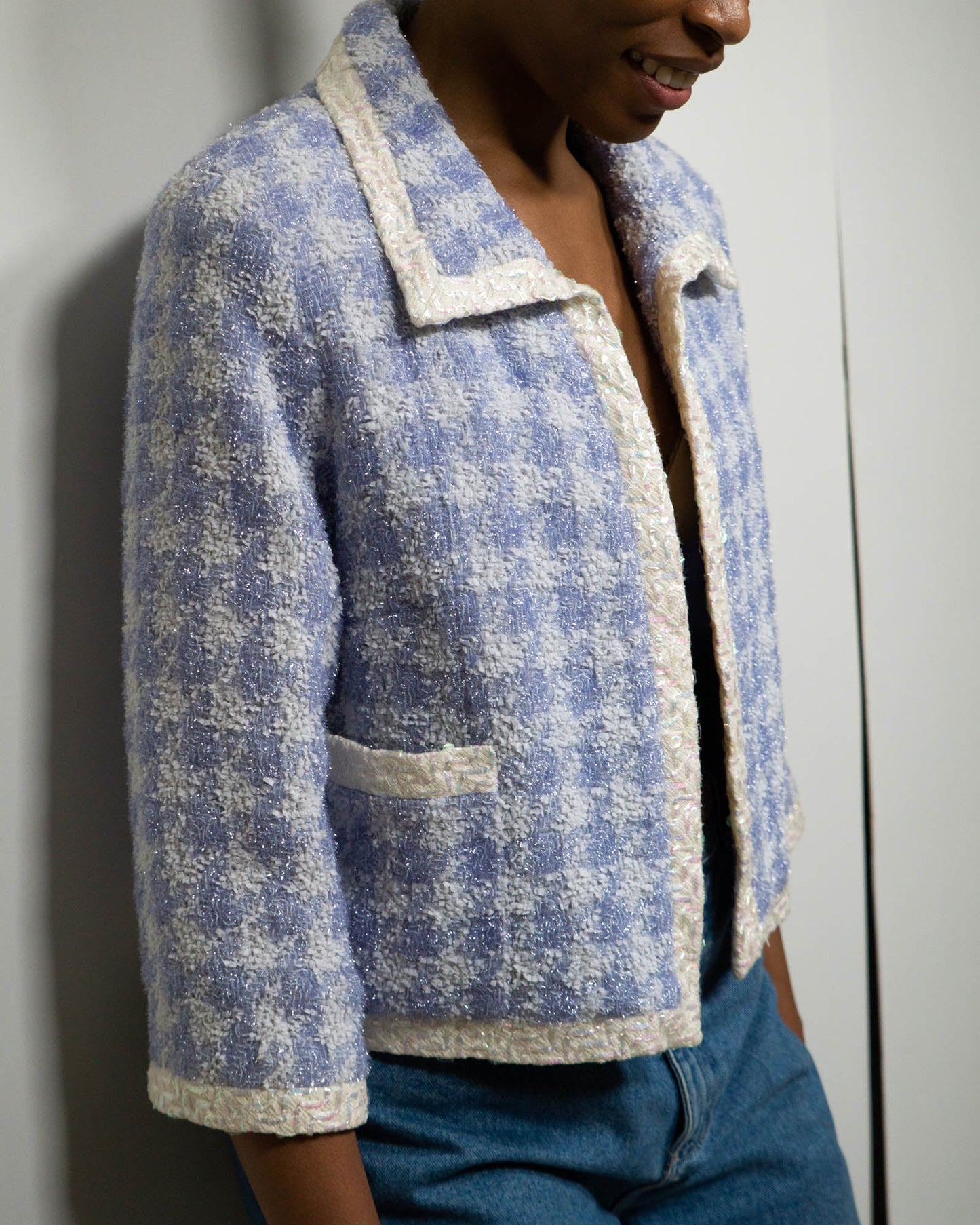 FR44 Chanel Spring 1992 Two Pocket Houndstooth Tweed Jacket in Blue - Vintage Chanel Jacket - Jacket - Rarchive.
