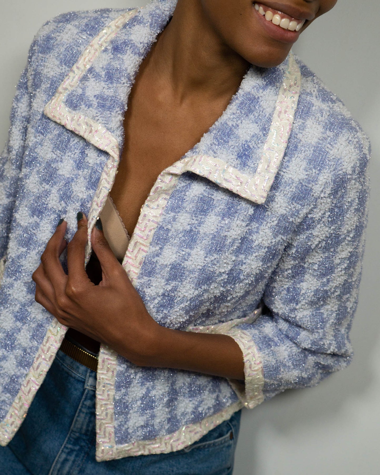FR44 Chanel Spring 1992 Two Pocket Houndstooth Tweed Jacket in Blue - Vintage Chanel Jacket - Jacket - Rarchive.