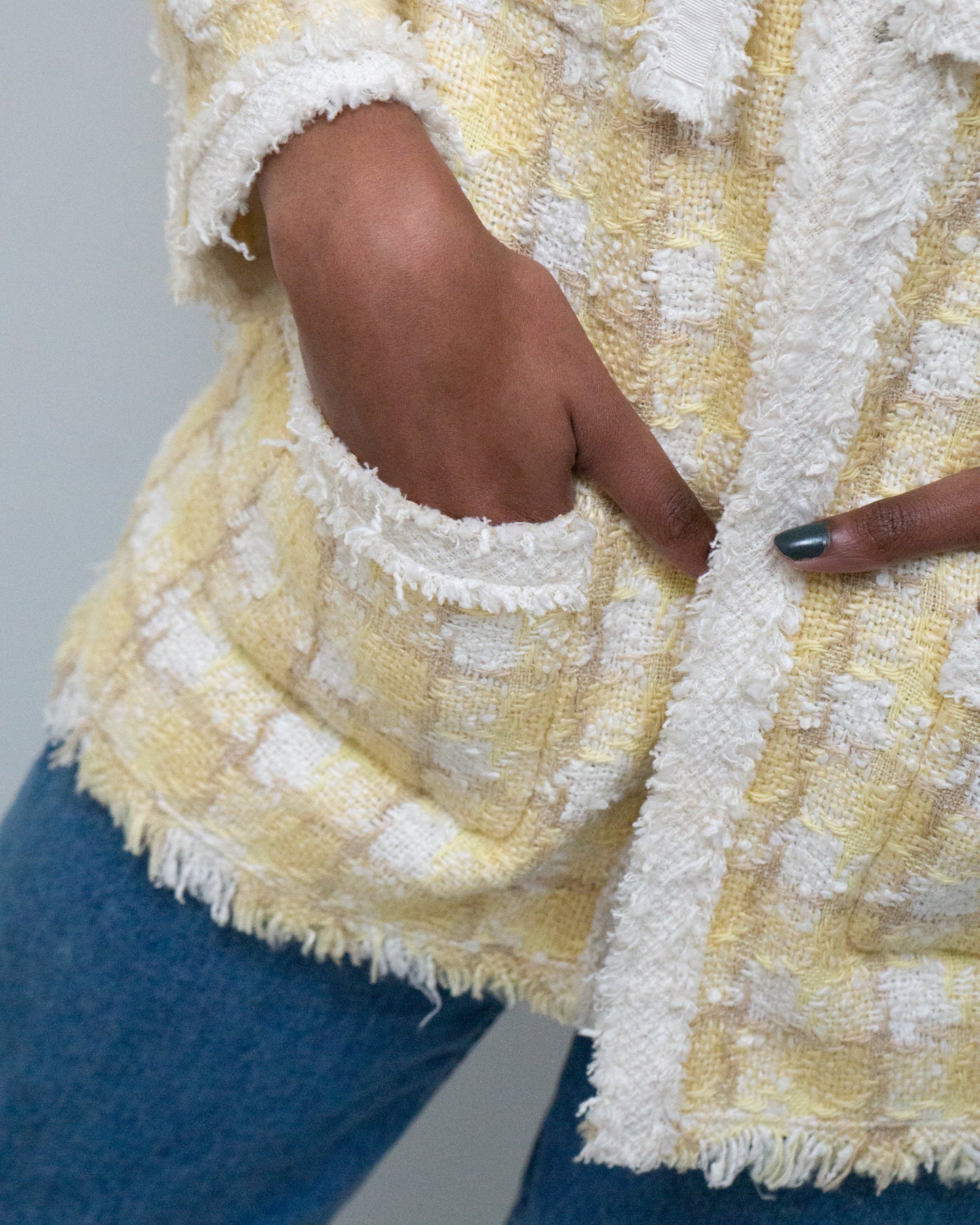 FR44-46 Chanel Cruise 2004 Four Pocket Raw Edge Trim Tweed Jacket in Yellow - Vintage Chanel Jacket - Jacket - Rarchive.