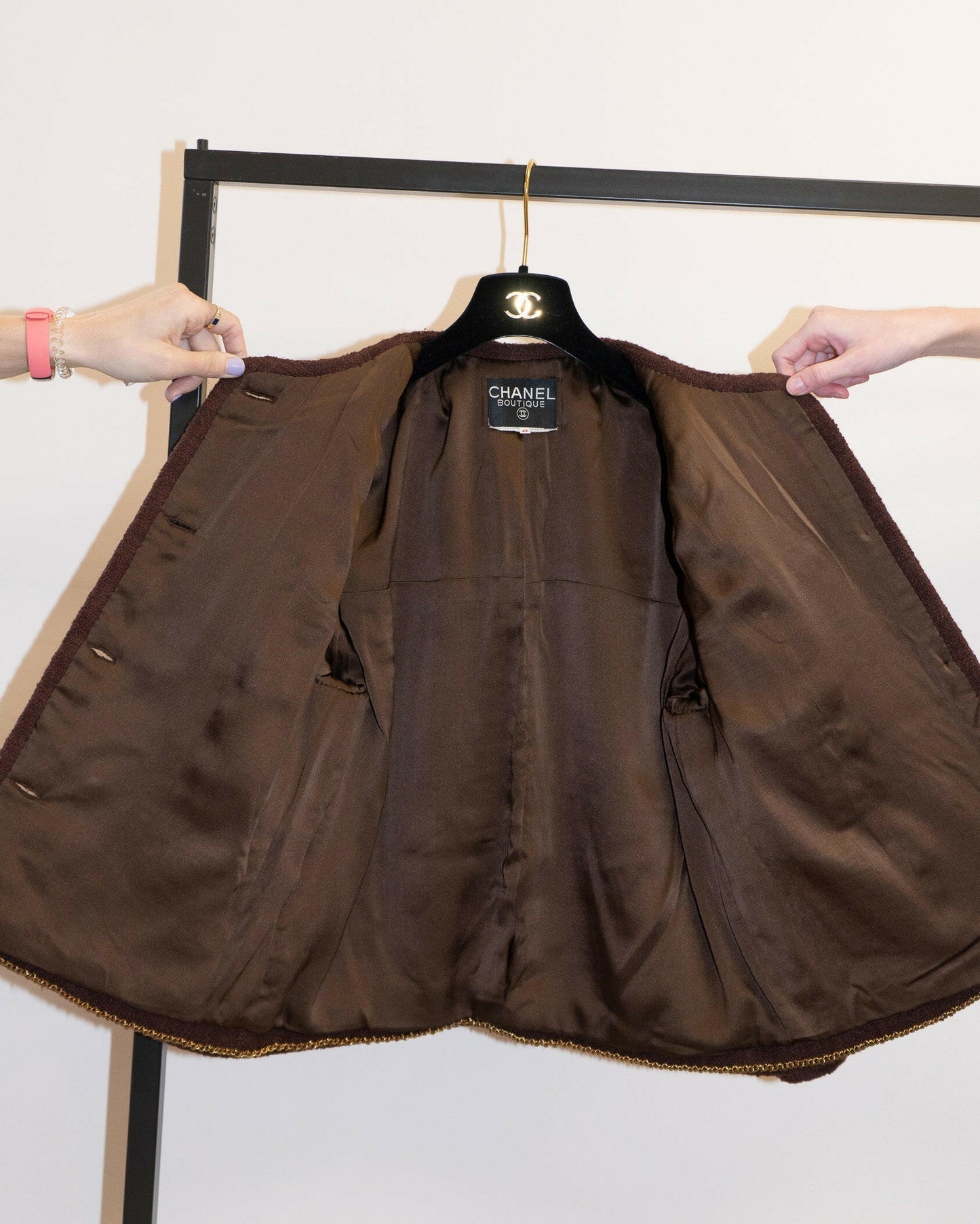 FR40-42 Rare Chanel Fall 1987 Classic Collarless Four-Pocketed Plaid Tweed Jacket in Chocolate - Vintage Chanel Jacket - Jacket - Rarchive.