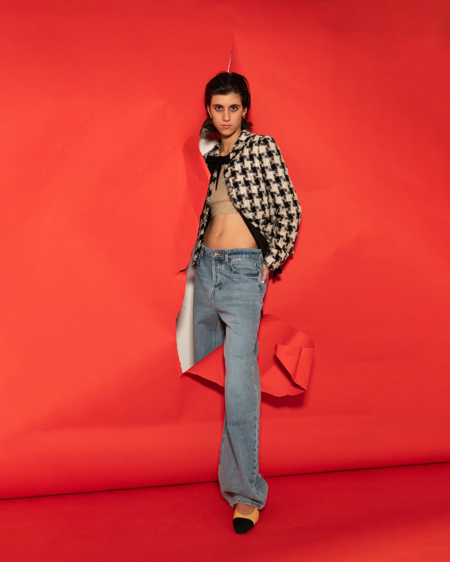 FR36-38 Rare Chanel Fall 2004 Two-Pocketed Houndstooth Tweed Bow Detail Jacket