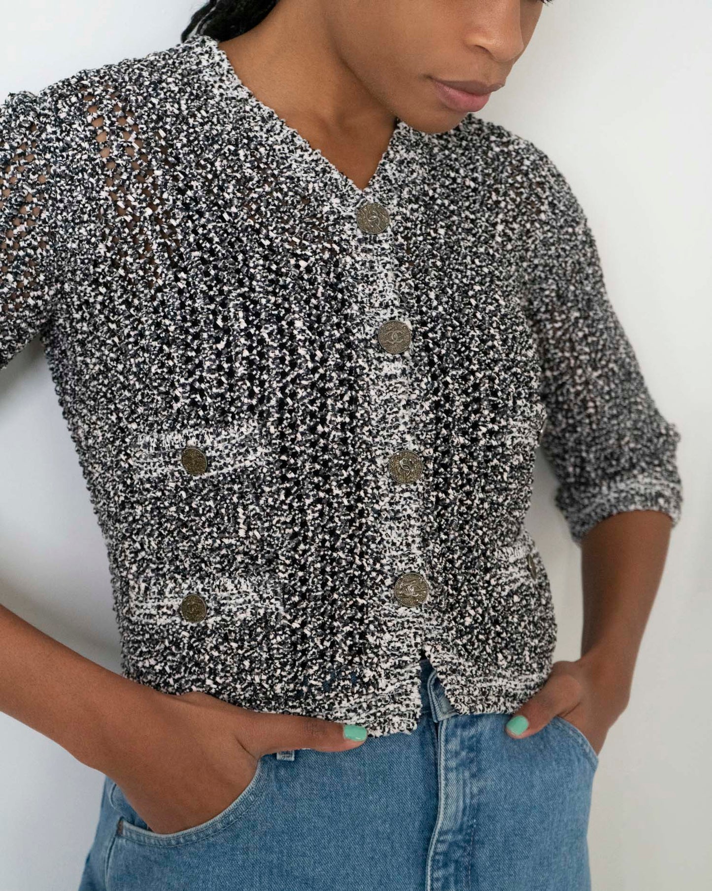 FR34-36 Chanel Spring 2012 Four Pocket Crochet Cardigan Jacket in Gray - Vintage Chanel Jacket - Jacket - Rarchive.