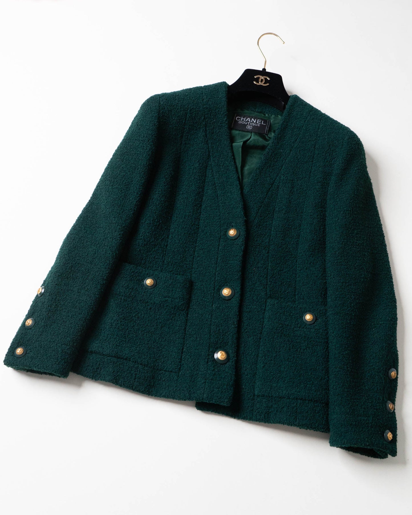 FR34-36 Chanel Fall 1993 Two Pocket Tweed Boucle Jacket in Dark Green - Vintage Chanel Jacket - Jacket - Rarchive.