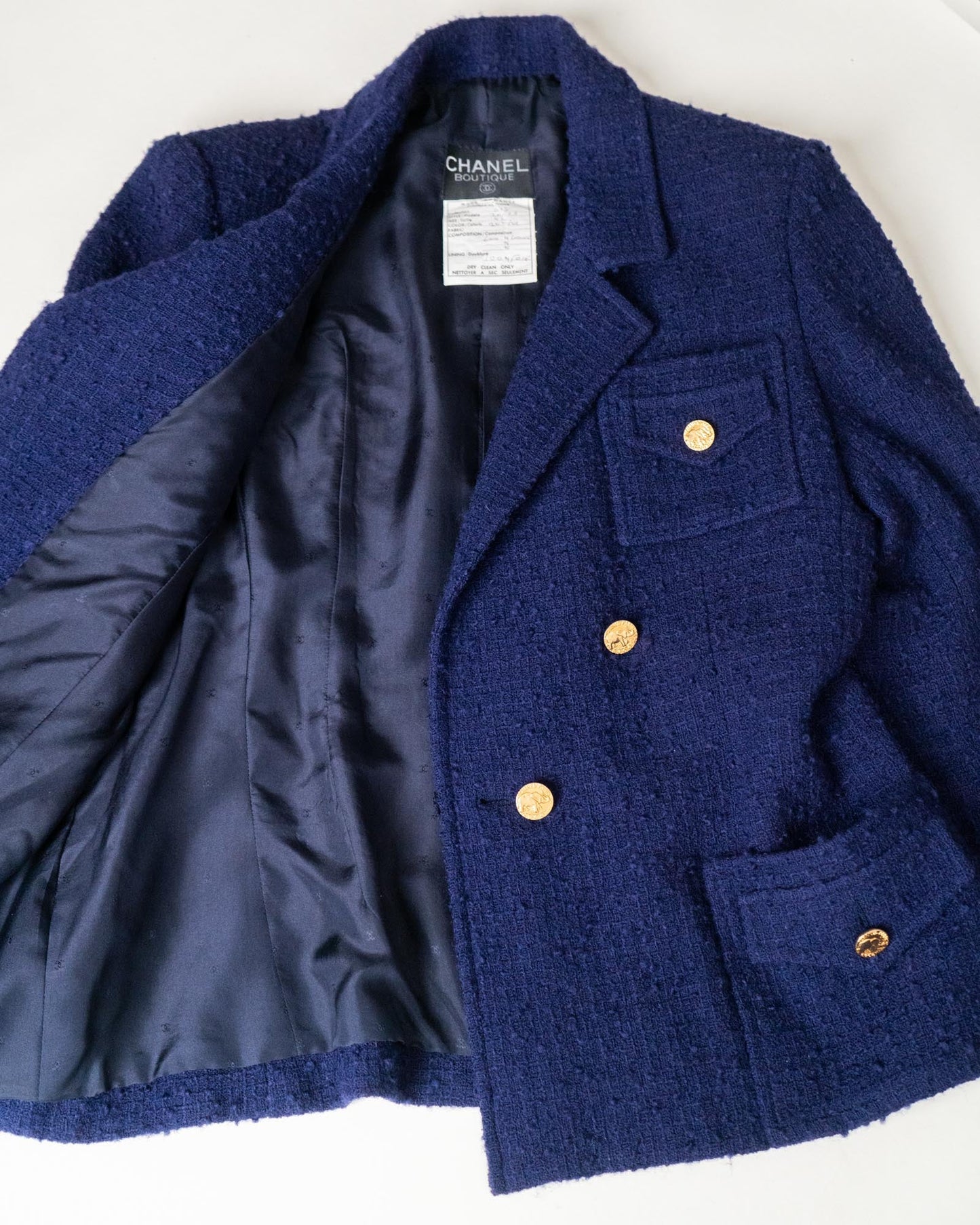FR40-42 Chanel Fall 1987 Double Breasted Tweed Boucle Jacket in Navy - Vintage Chanel Jacket - Jacket - Rarchive.