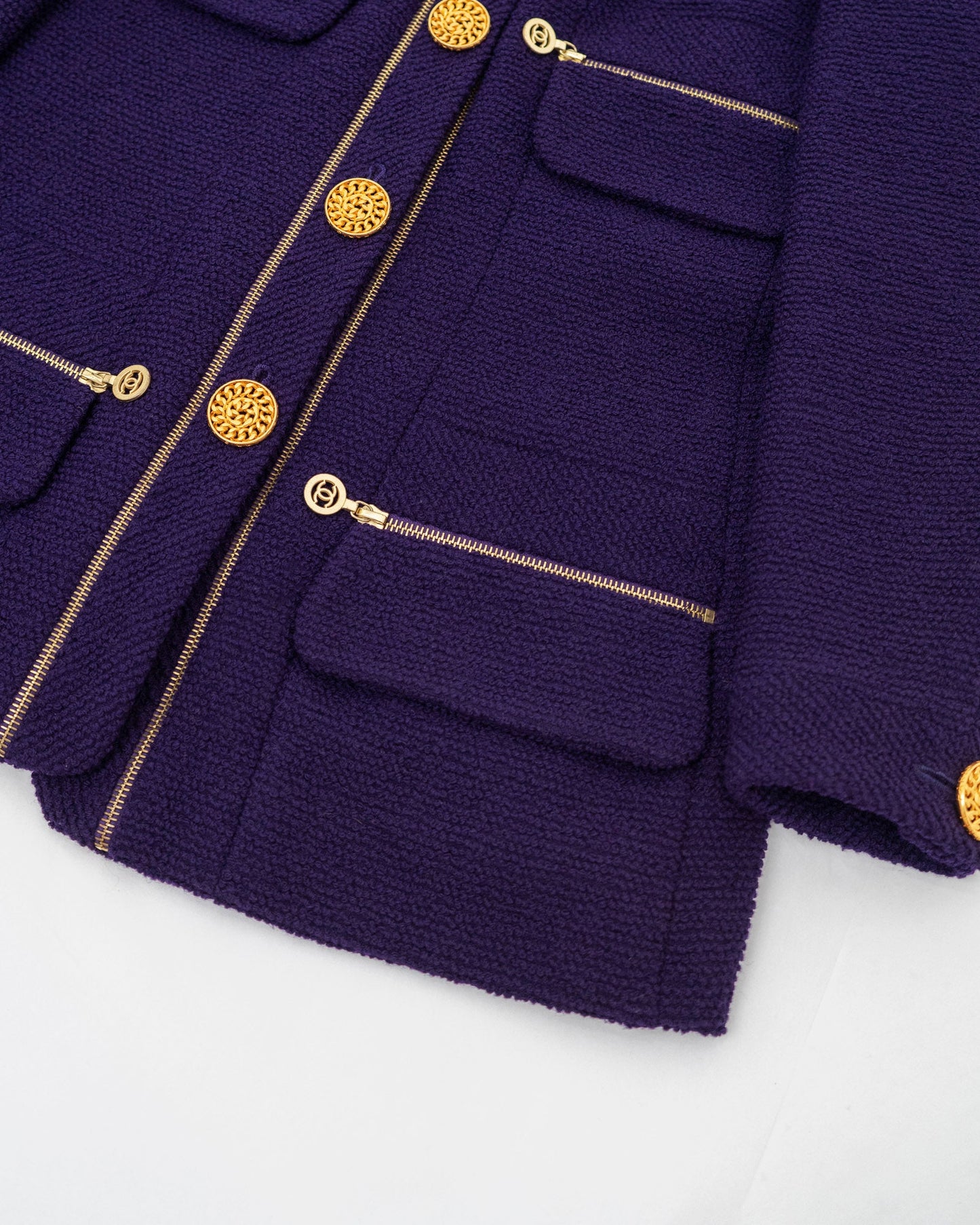 FR42 Chanel Spring 1992 Four Pockets Zip Details Tweed Boucle Jacket in Royal Purple - Vintage Chanel Jacket - - Rarchive.