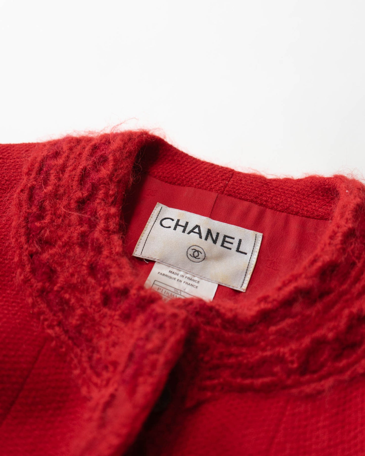FR42 Chanel Fall 1998 Four Pocket Collarless Mohair Trip Tweed Jacket in Red - Vintage Chanel Jacket -  Jacket - Rarchive.