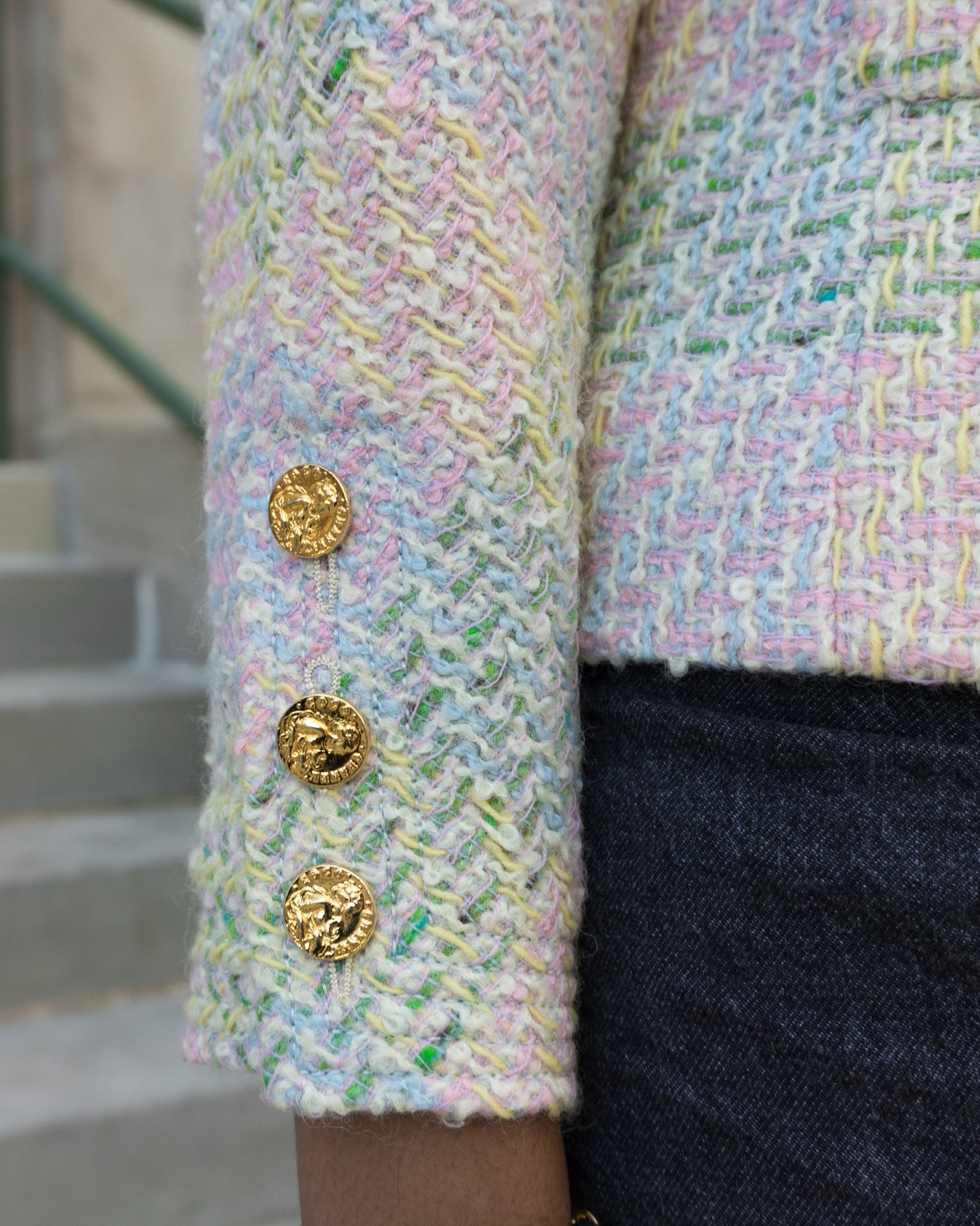 FR38-40 Chanel Spring 1988 Two Pocket Collarless Fantasy Tweed Jacket in Pink and Green - Vintage Chanel Jacket -  Jacket - Rarchive.