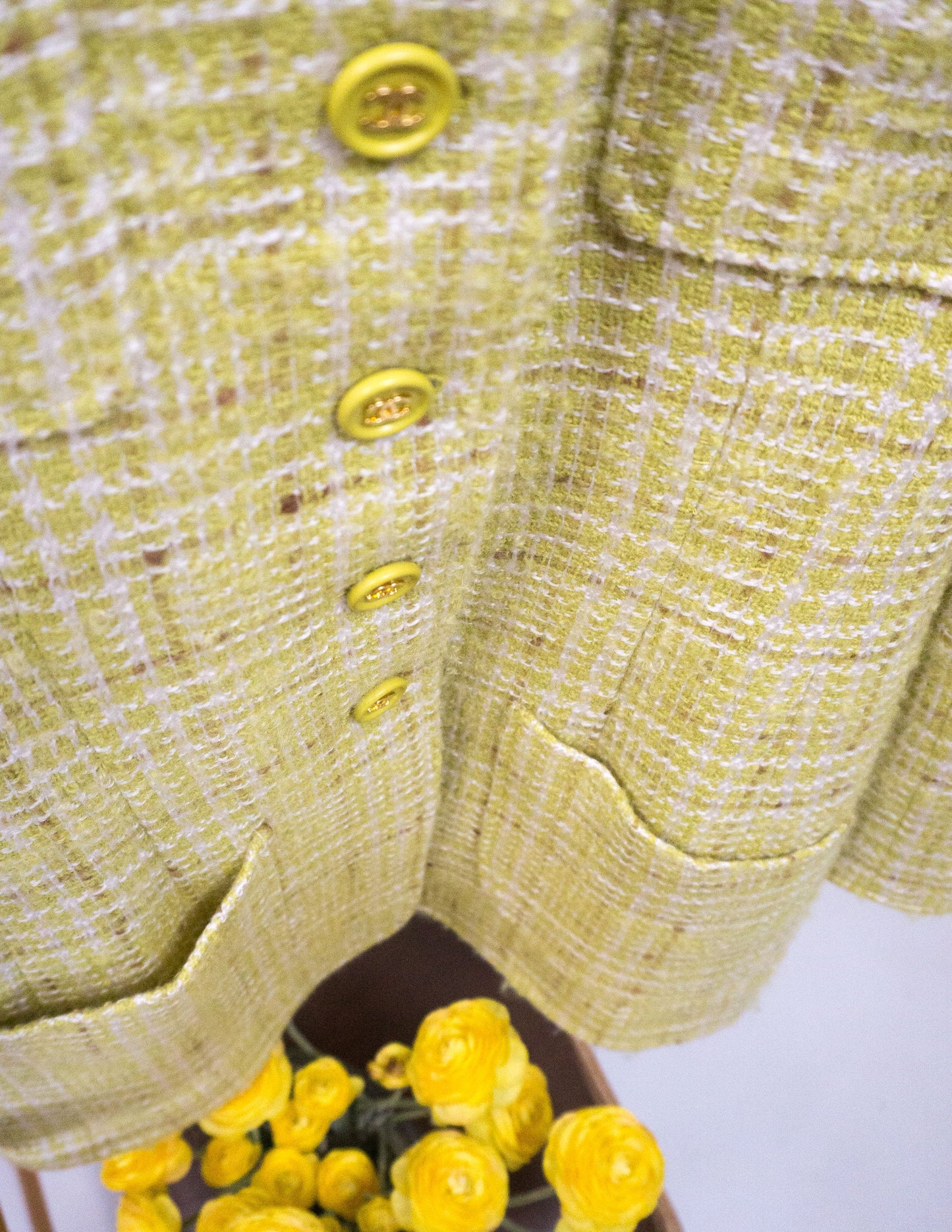 FR40 Chanel Spring 1997 Four Pocket Collarless Tweed Jacket in Yellow - Vintage Chanel Jacket -  Jacket - Rarchive.