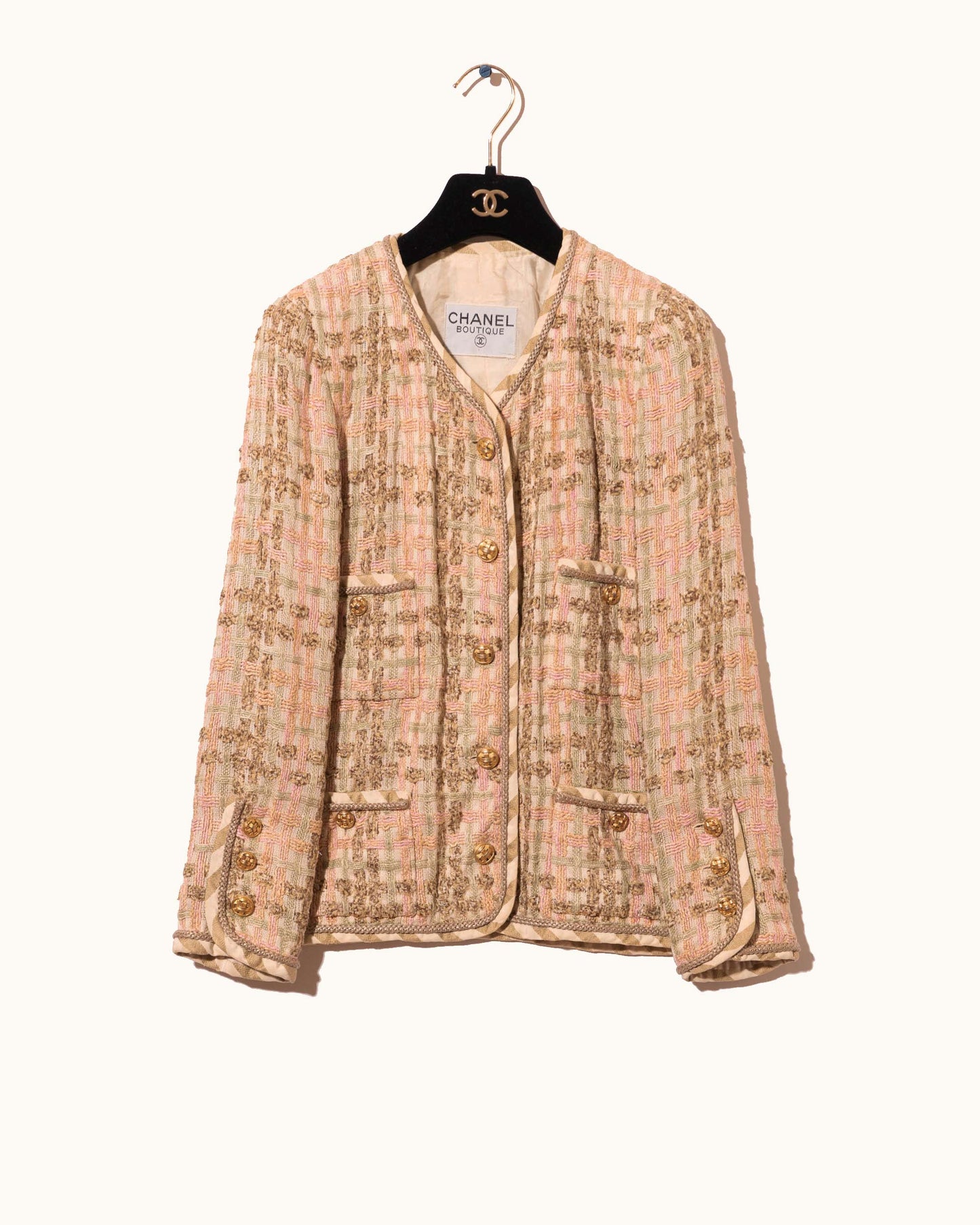 FR36 Chanel Spring 1984 Classic Collarless Four Pocket Fantasy Tweed Jacket