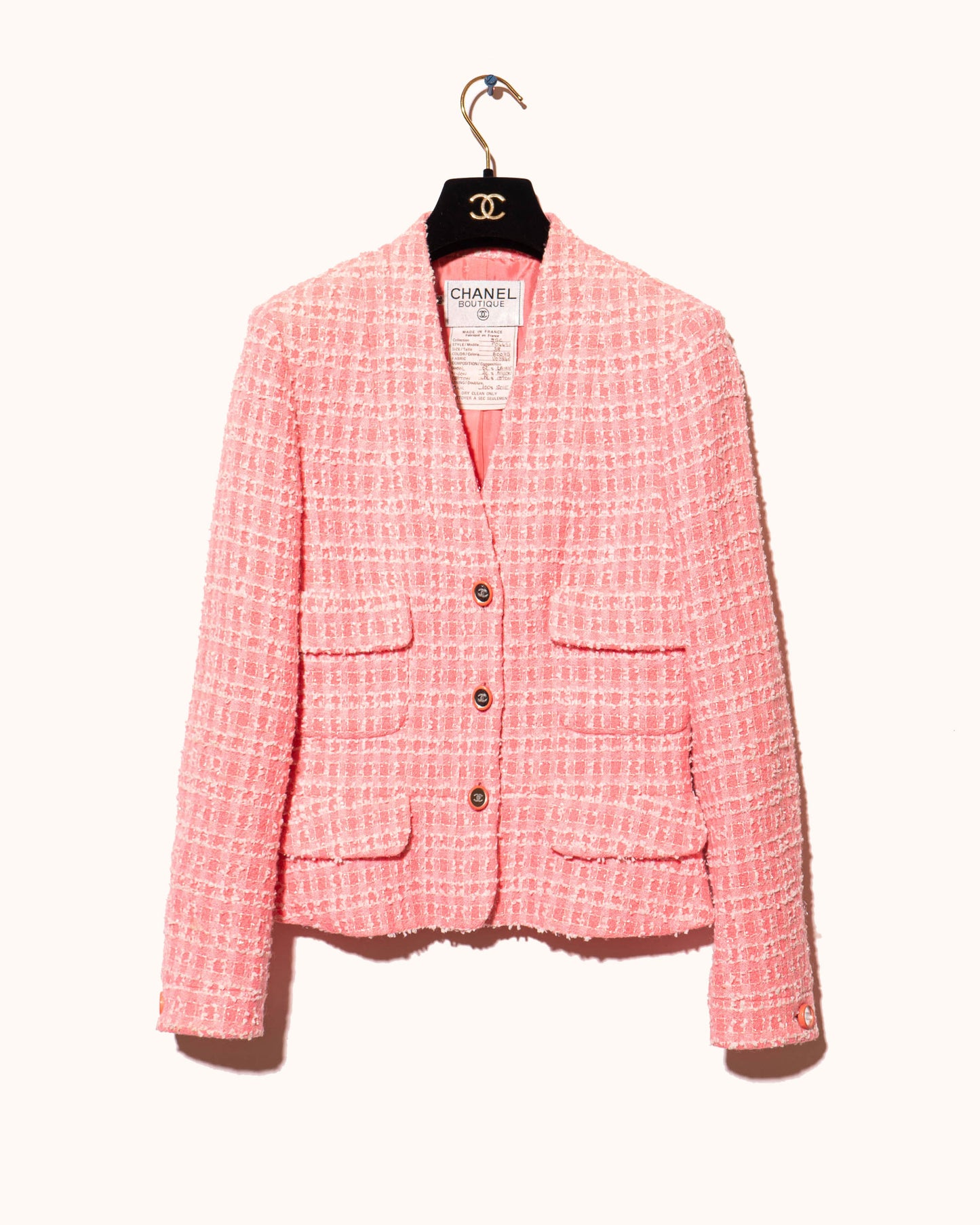 FR34-36 Rare Chanel Cruise 1995 Mirror Center Button Four Pocket Pink Fantasy Tweed Jacket