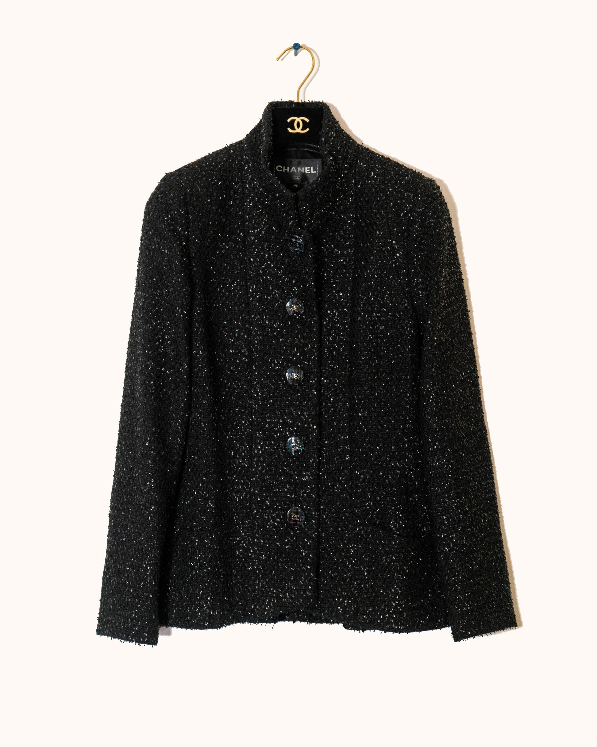 FR38-40 Chanel Spring 2019 High Collar Two Pocket Black Shimmering Fantasy Tweed Jacket - Vintage Chanel Jacket -   - Rarchive.