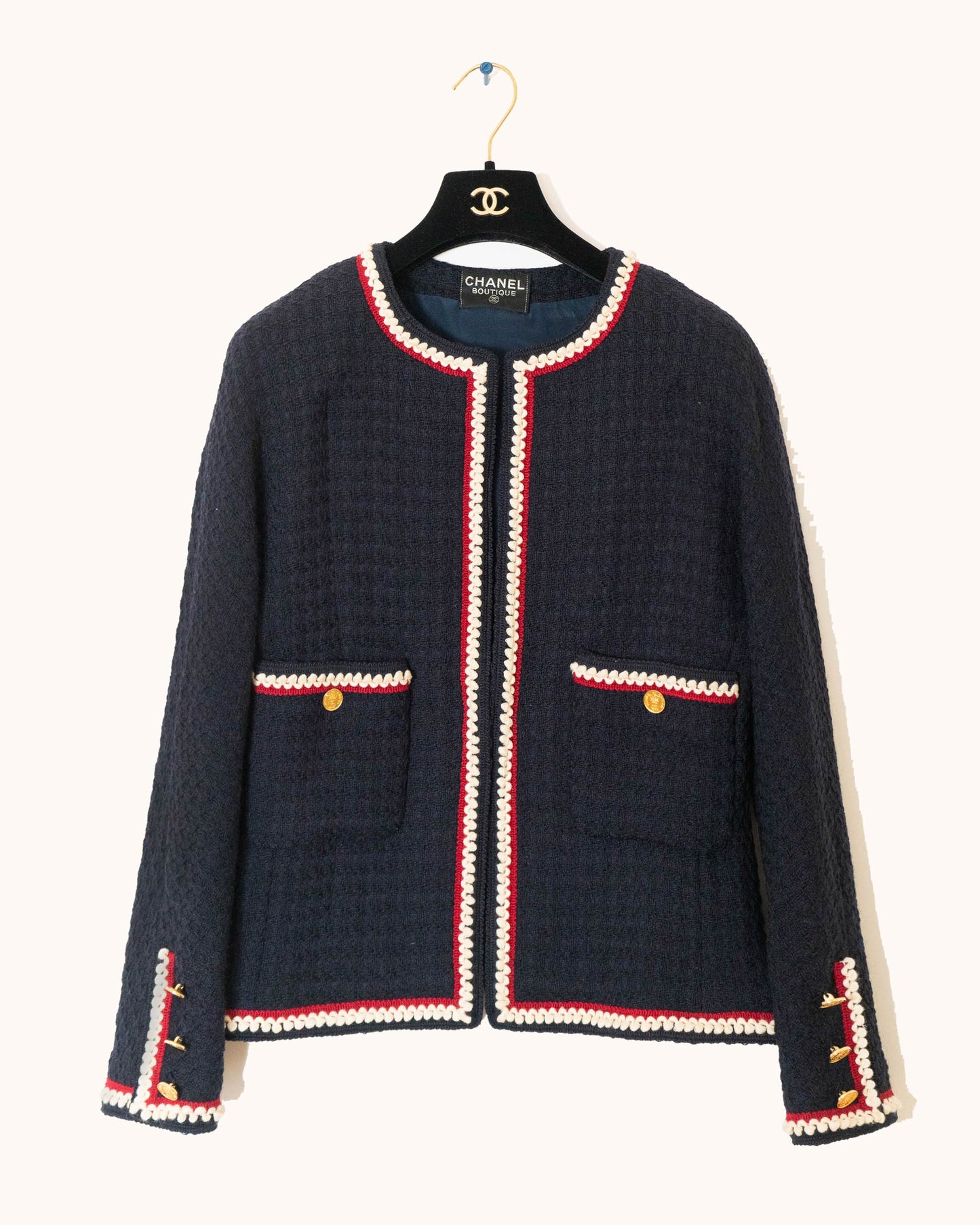 FR38-40 Rare Chanel Spring 1987 Collarless Cut Two Pocket Contrasting Trim Navy Tweed Jacket