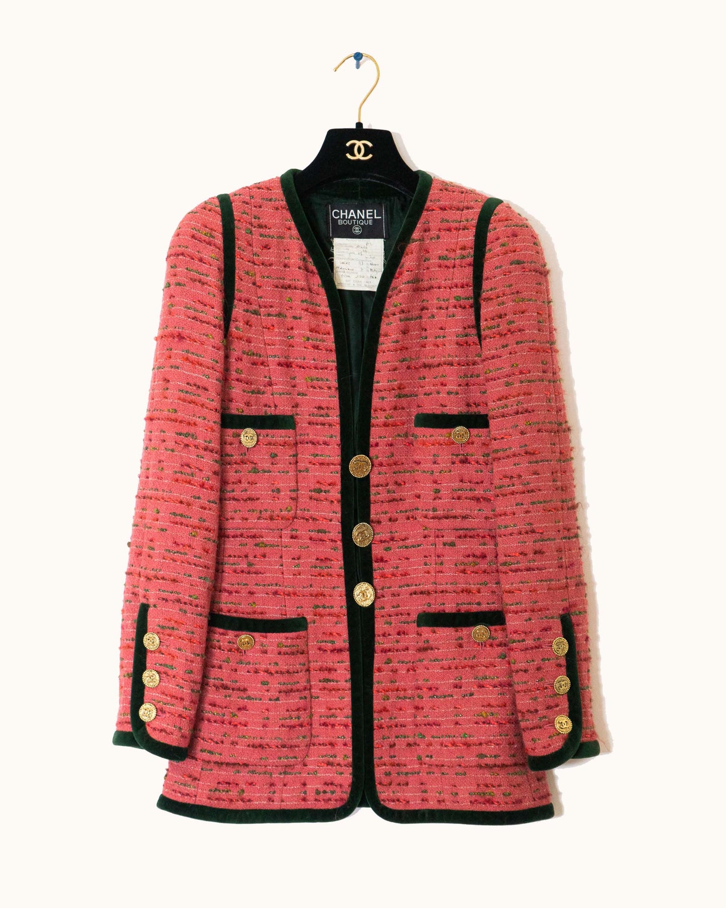 FR36-38 Chanel 1990s Classic Collarless Four Pocket Velvet Trim Pink Fantasy Tweed Jacket