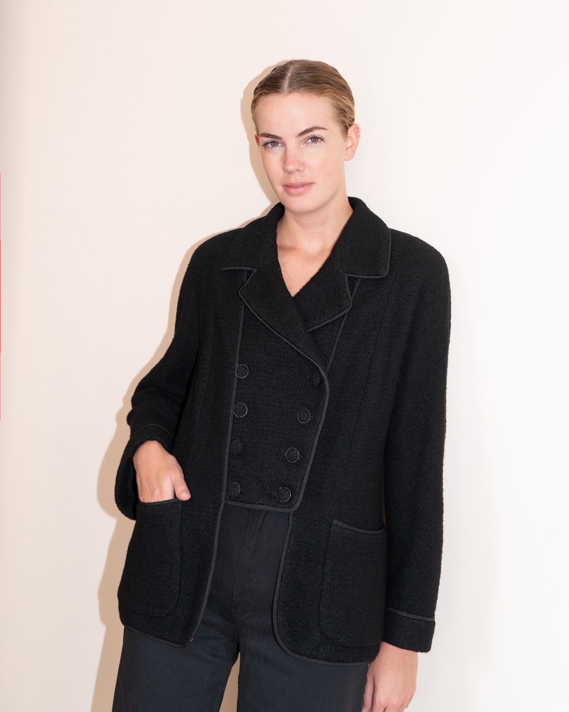 FR42-44 Rare Chanel Haute Couture  Fall 1993 Double Breasted Black Wool Tweed Jacket - Vintage Chanel Jacket -   - Rarchive.