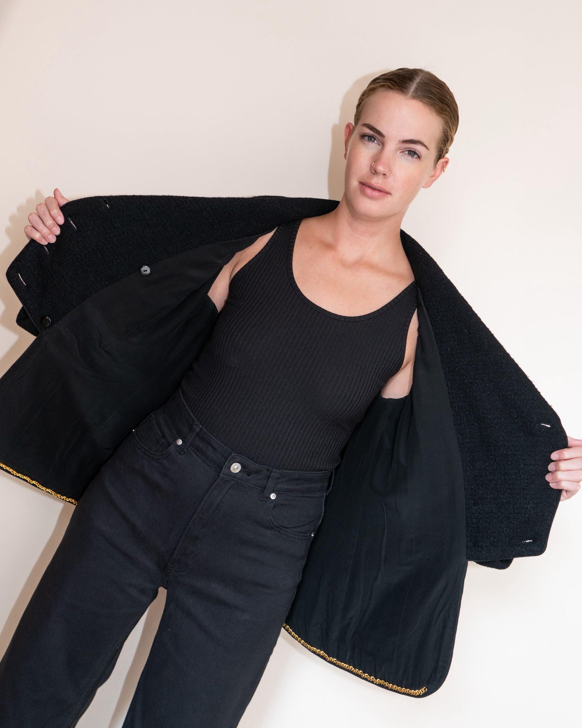 FR42-44 Rare Chanel Haute Couture  Fall 1993 Double Breasted Black Wool Tweed Jacket - Vintage Chanel Jacket -   - Rarchive.
