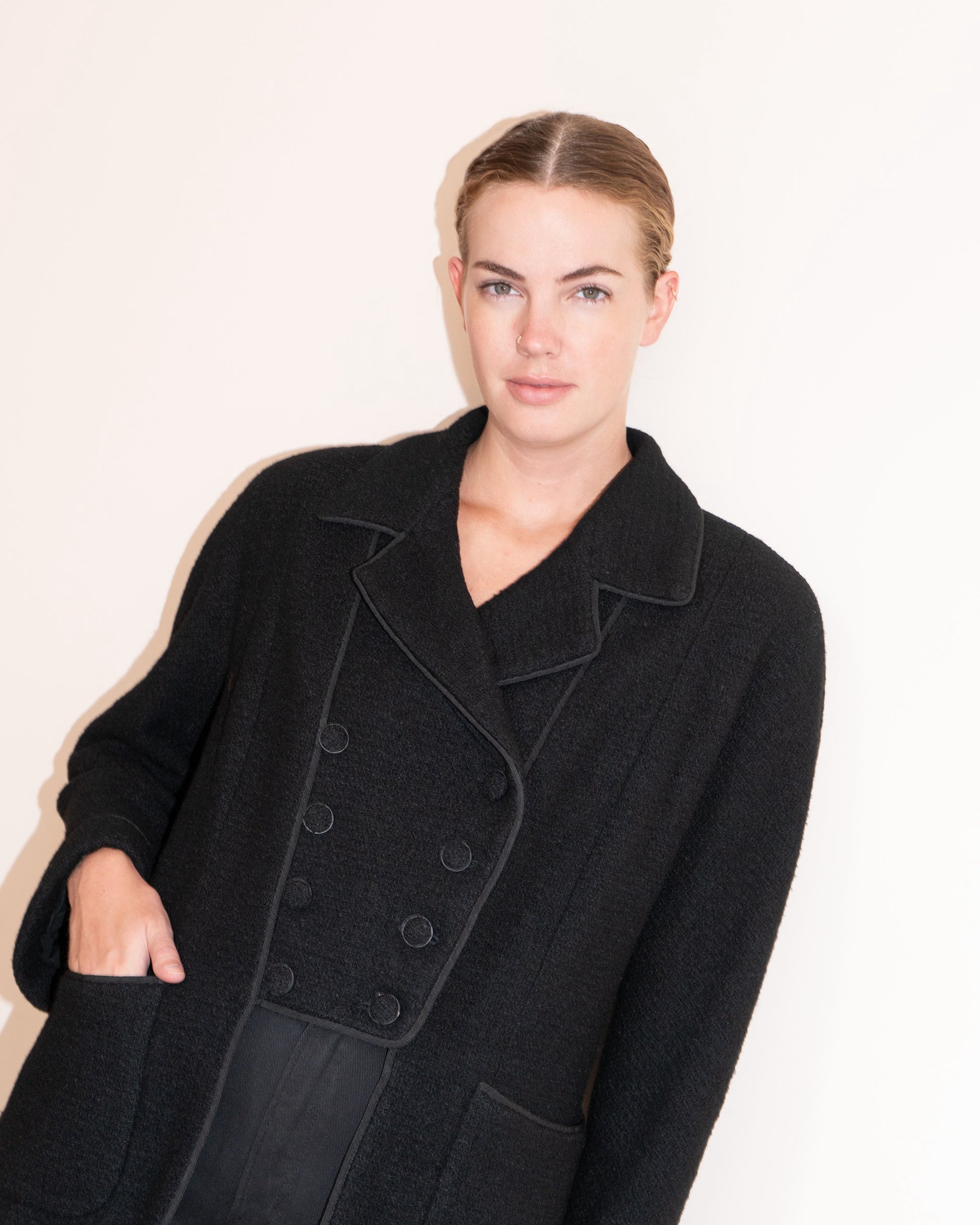 FR42-44 Rare Chanel Haute Couture  Fall 1993 Double Breasted Black Wool Tweed Jacket - Vintage Chanel Jacket -   - Rarchive.