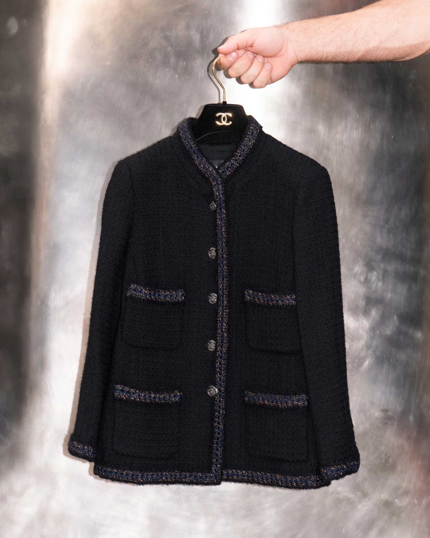 FR38-40 Chanel Pre-Fall 2010 Paris-Shanghai Classic Four Pocket High Collar Black Tweed Jacket