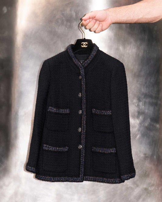 FR38-40 Chanel Pre-Fall 2010 Paris-Shanghai Classic Four Pocket High Collar Black Tweed Jacket