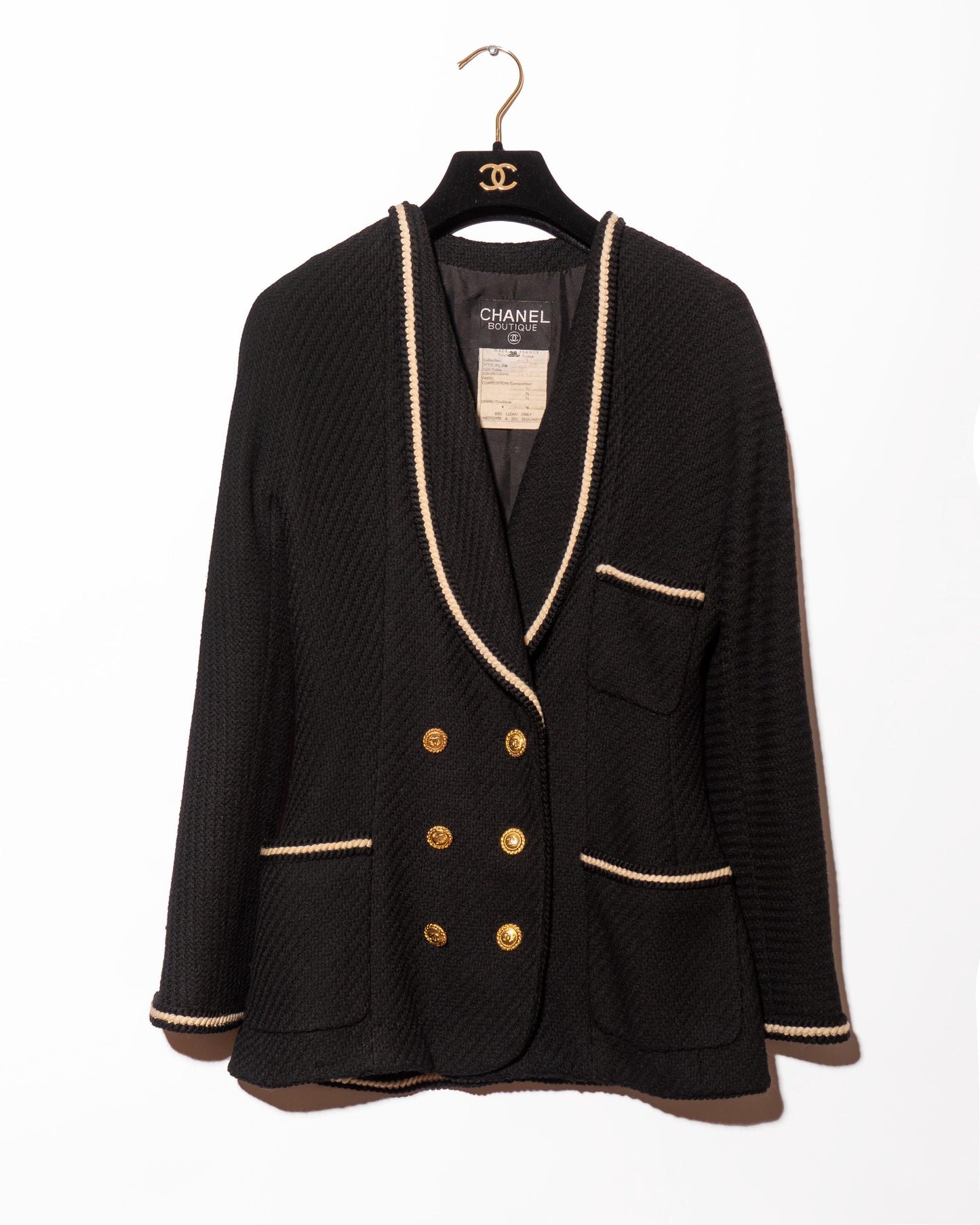 FR36-38 Chanel Fall 1988 Double Breasted Contrasting Trim Wool Tweed Jacket - Vintage Chanel Jacket -   - Rarchive.