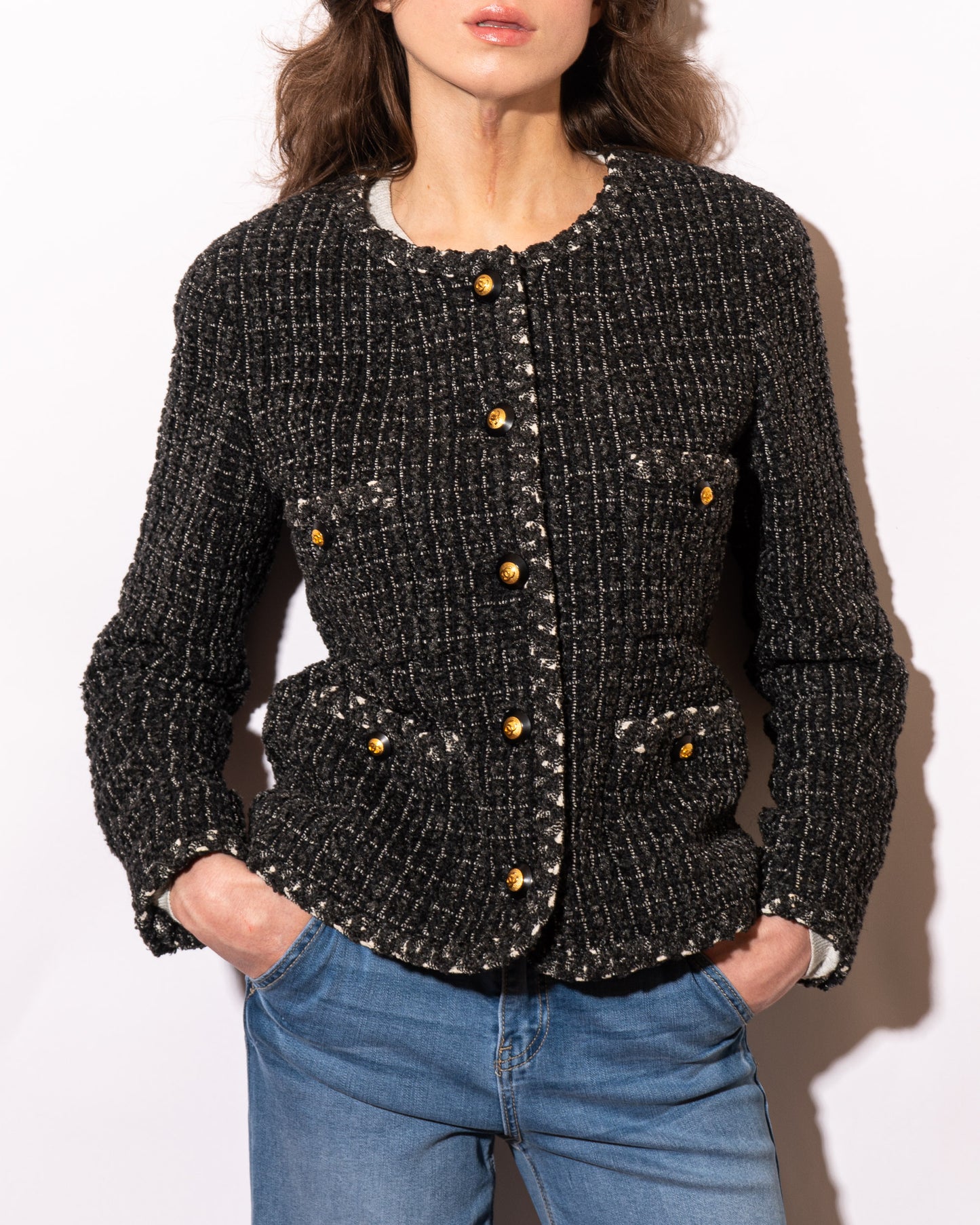 FR38-40 Rare Chanel Fall 1993 Classic Collarless Four Pocket Gray Wool Tweed Jacket - Vintage Chanel Jacket -   - Rarchive.