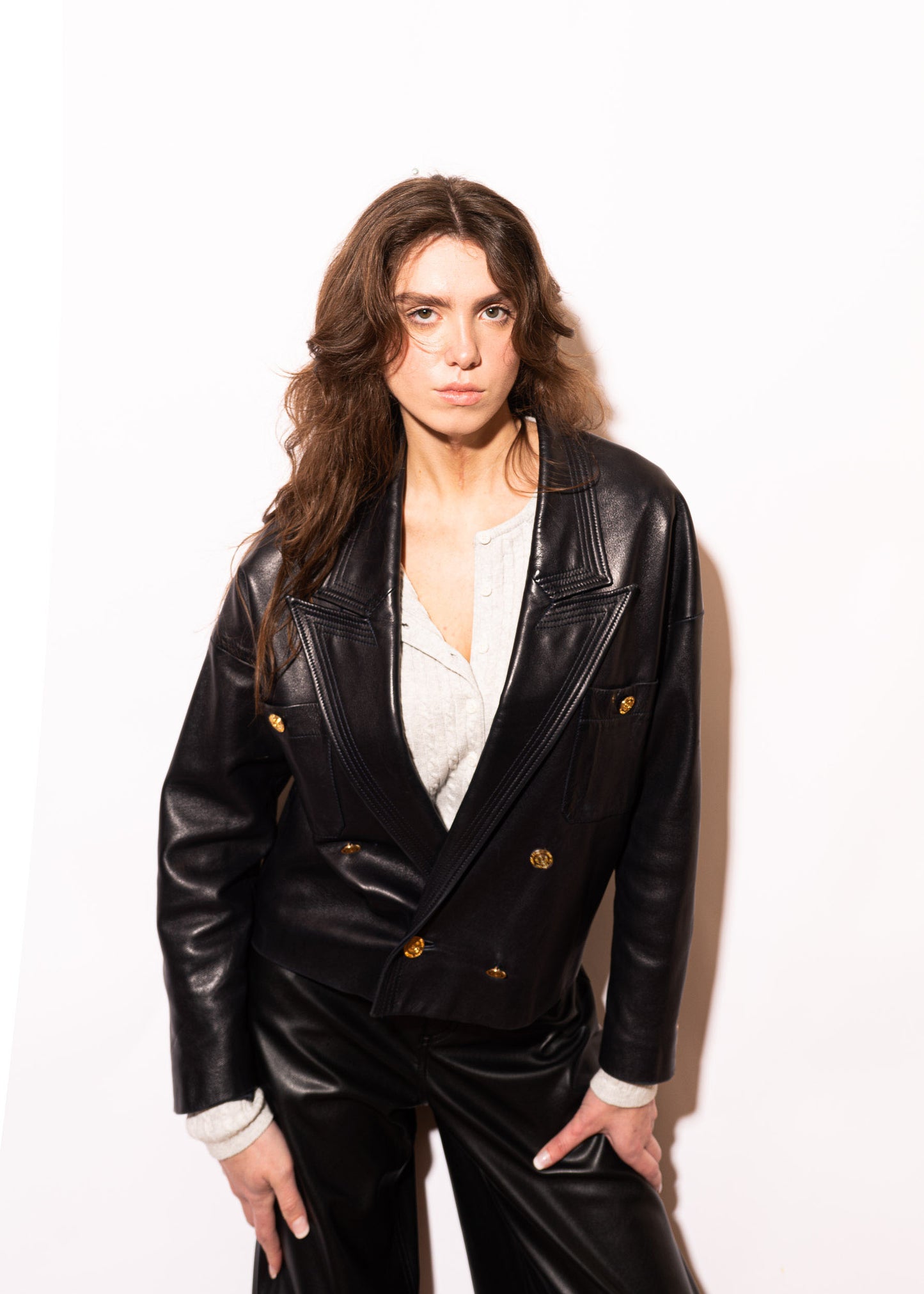 FR38-42 Chanel 1980s Double Breasted Four Pocket Black Leather Jacket