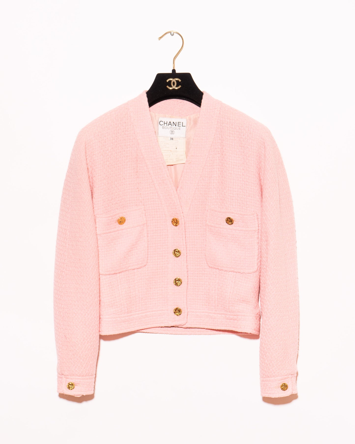 FR36-38 Rare Chanel Spring 1988 Collarless Two Pocket Pink Wool Tweed Jacket
