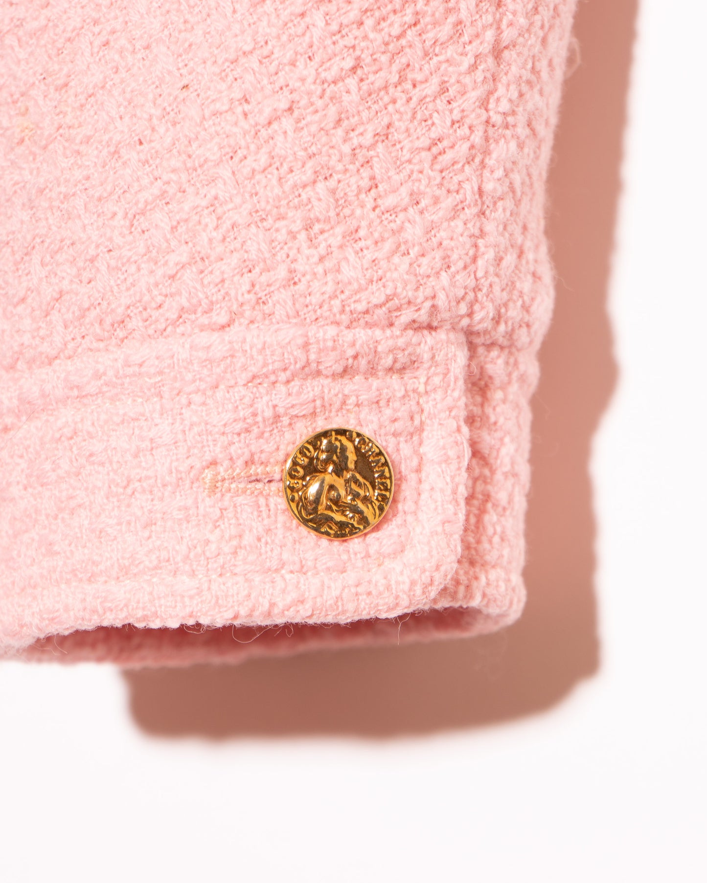 FR36-38 Rare Chanel Spring 1988 Collarless Two Pocket Pink Wool Tweed Jacket