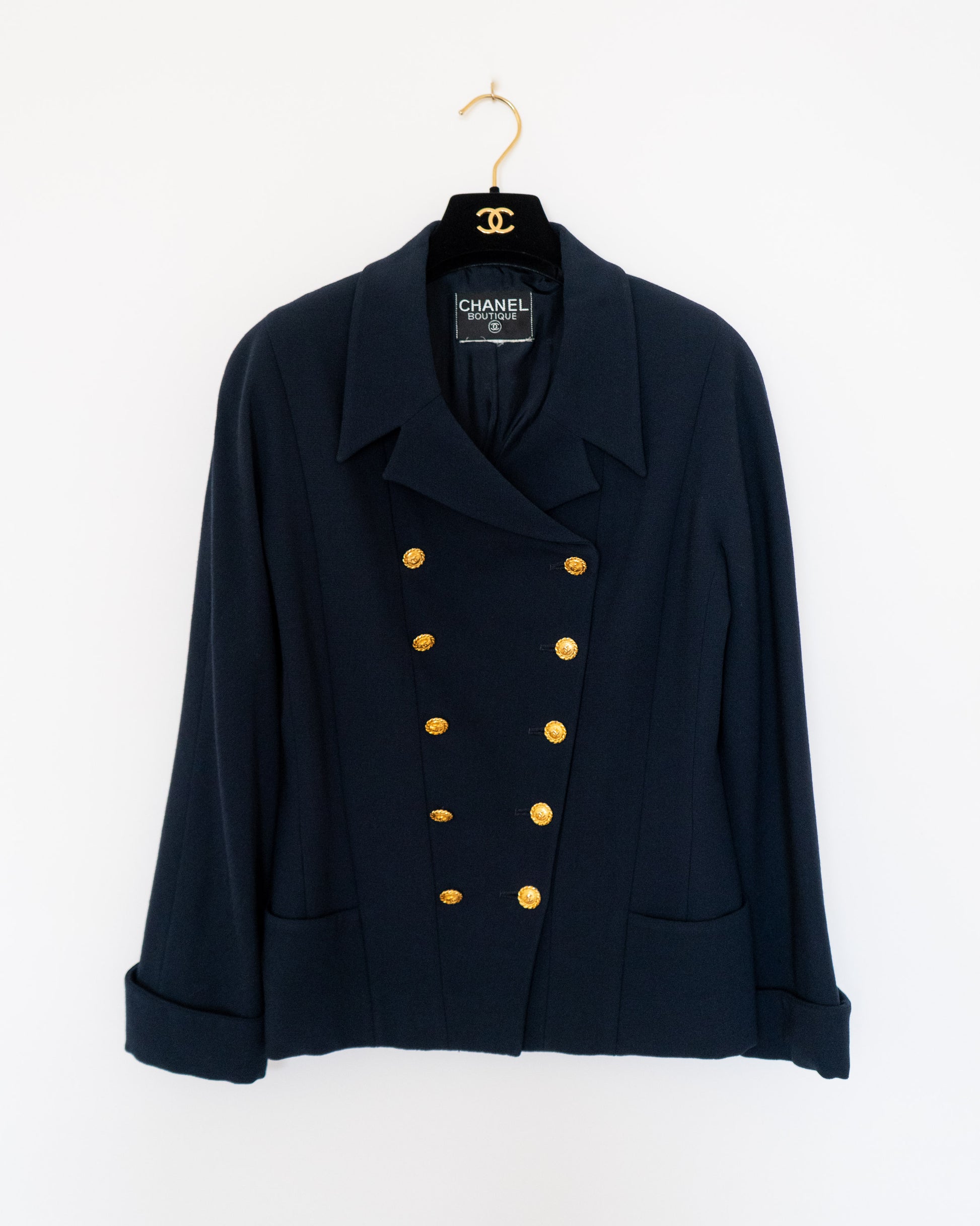 FR36-38 Chanel 1980s Double-Breasted Two Pocket Navy Wool Jacket - Vintage Chanel Jacket -   - Rarchive.