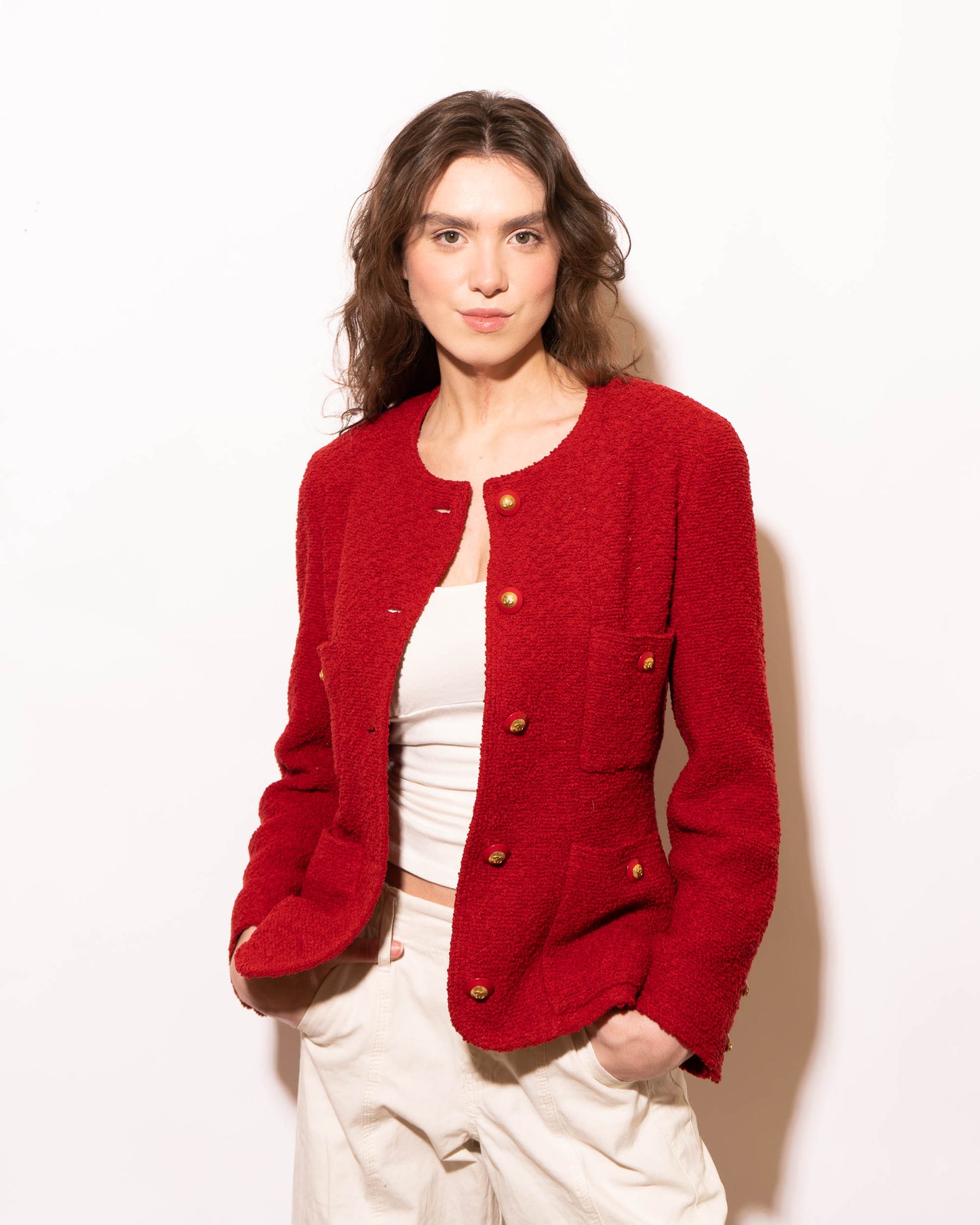 FR38-40 Rare Chanel Fall 1993 Classic Four Pocket Collarless Cut Red Tweed Boucle Jacket