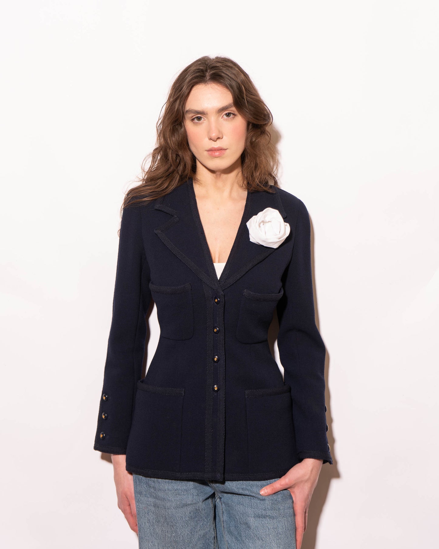 FR34-36 Chanel Fall 1995 Classic Four Pocket Fitted Cut Dark Navy Jacket