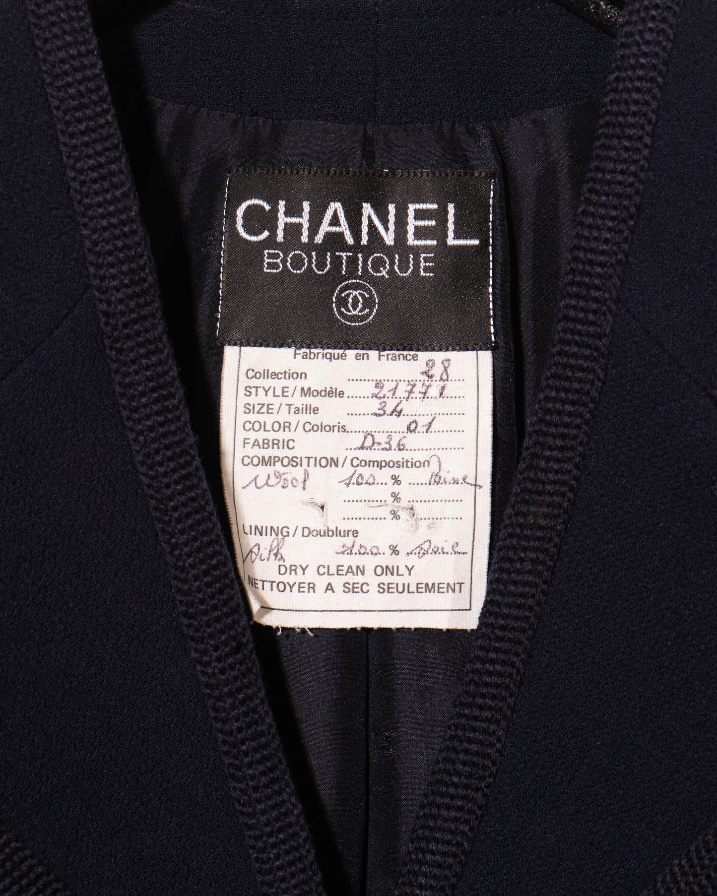 FR34-36 Chanel Fall 1995 Classic Four Pocket Fitted Cut Dark Navy Jacket