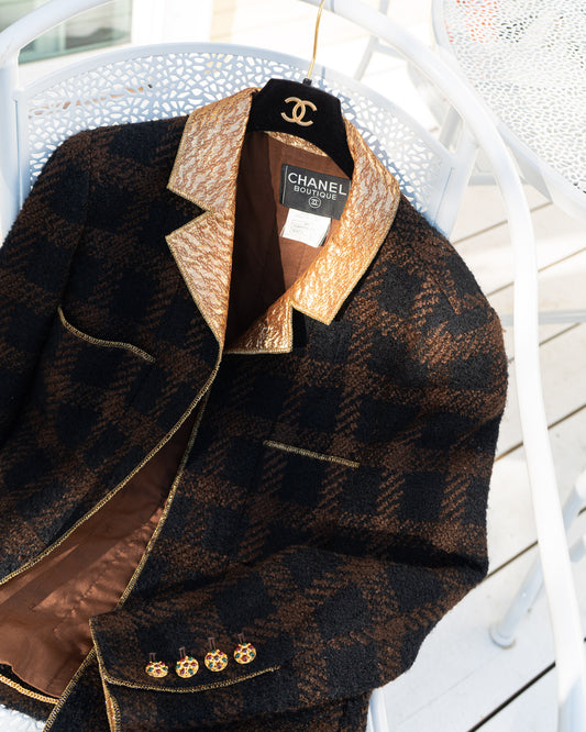 FR40-42 Chanel Fall 1996 Four Pocket Gold Brocade Wool Tweed Jacket