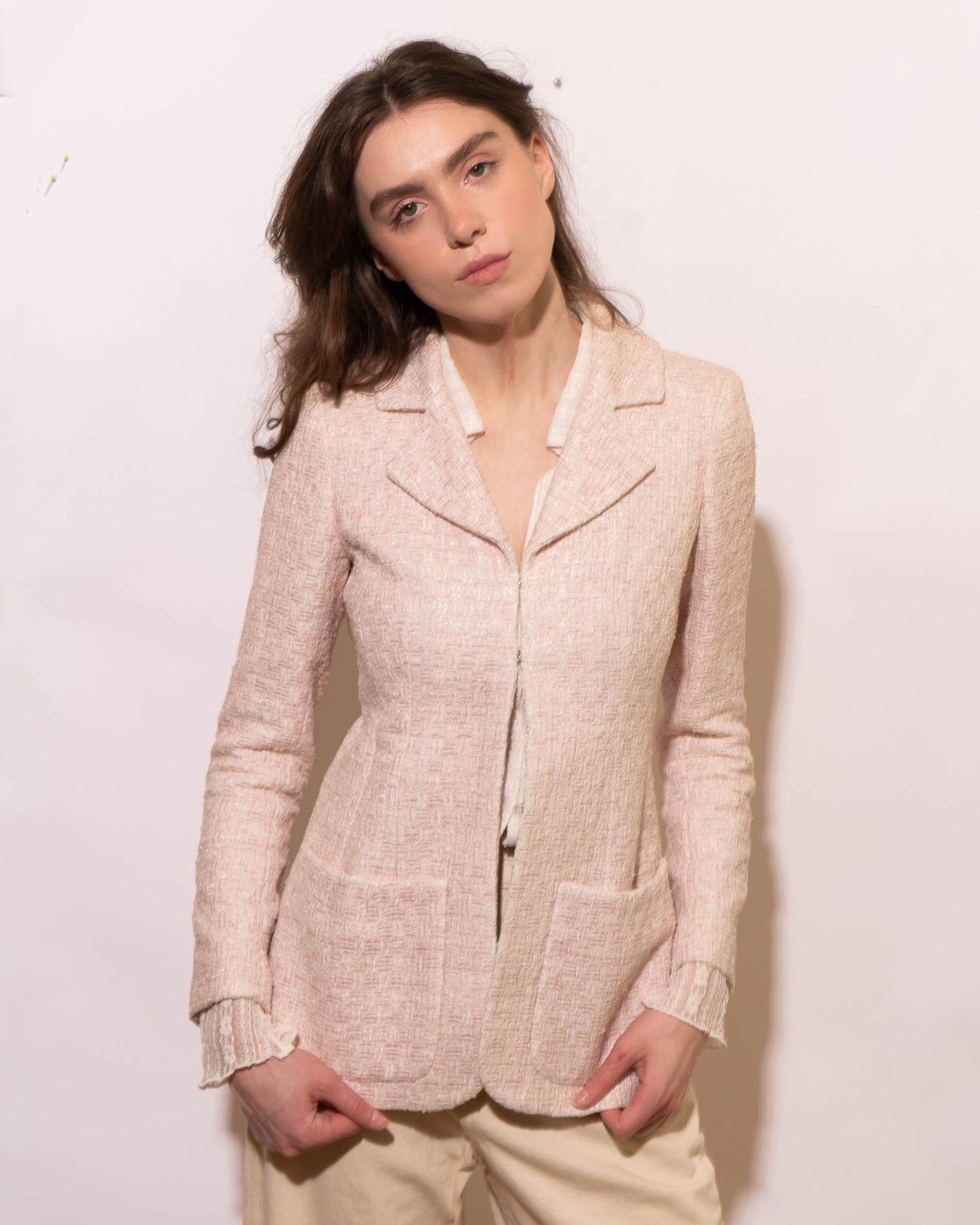 FR34 Chanel Spring 2016 Two Pocket Fitted Cut Light Pink Fantasy Tweed Jacket