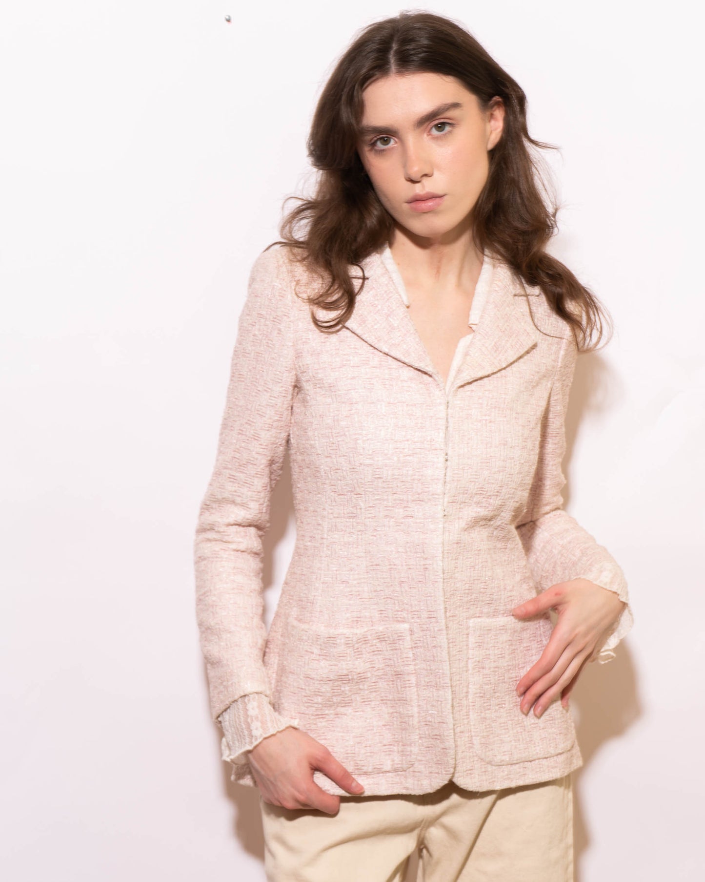 FR34 Chanel Spring 2016 Two Pocket Fitted Cut Light Pink Fantasy Tweed Jacket