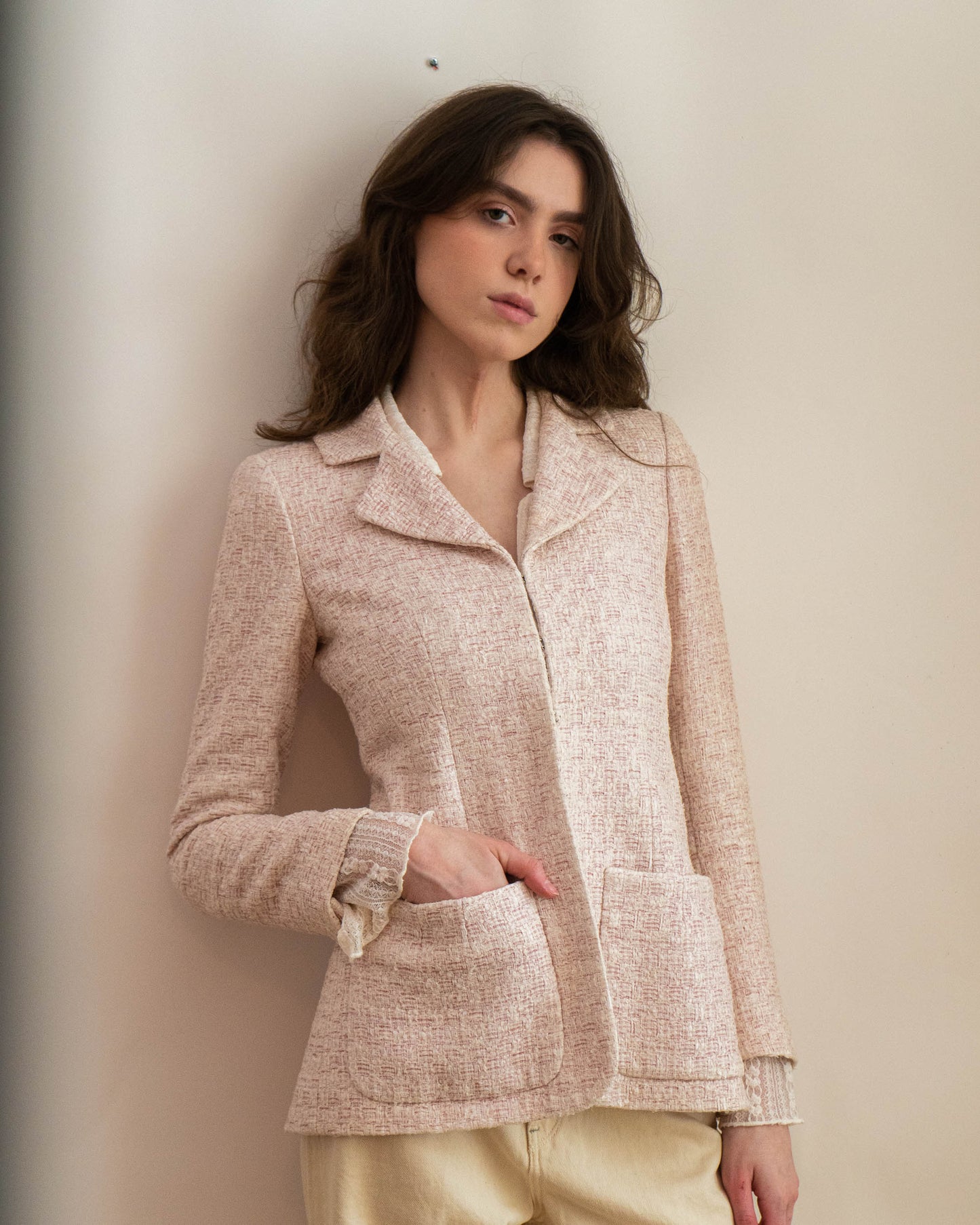 FR34 Chanel Spring 2016 Two Pocket Fitted Cut Light Pink Fantasy Tweed Jacket