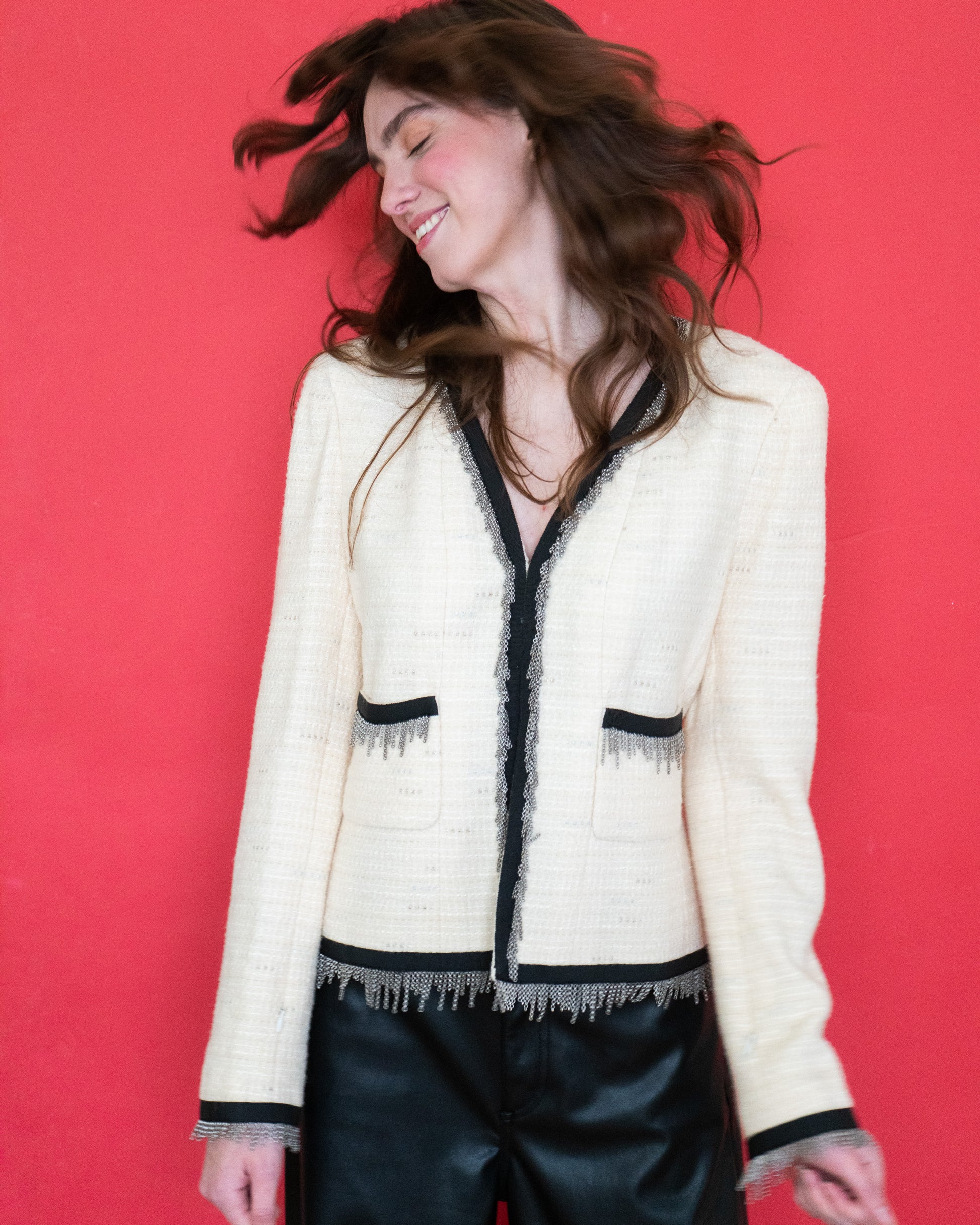 FR40-42 Rare Chanel Fall 2002 Two-Pocket Chain Fringe Trim Cream Fanta