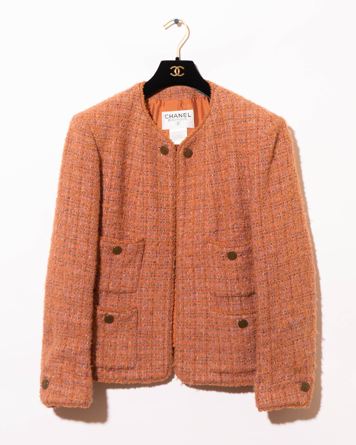 FR36-38 Chanel Fall 1997 Collarless Four Pocket  Multicolor Wool Tweed Jacket