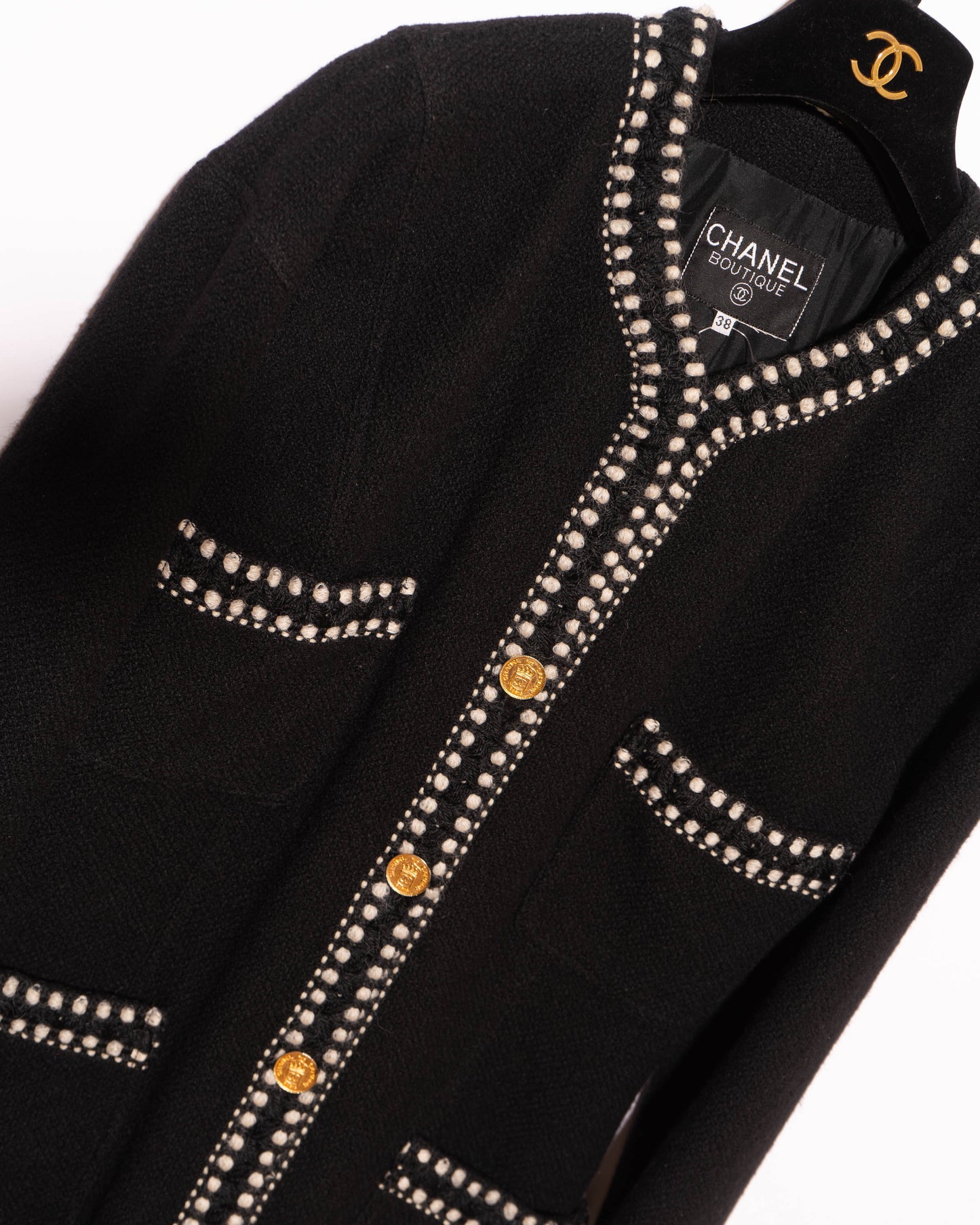 FR36-38 Rare Chanel Spring 1987 Classic Collarless Four Pocket Contrasting Trim Black Tweed Jacket