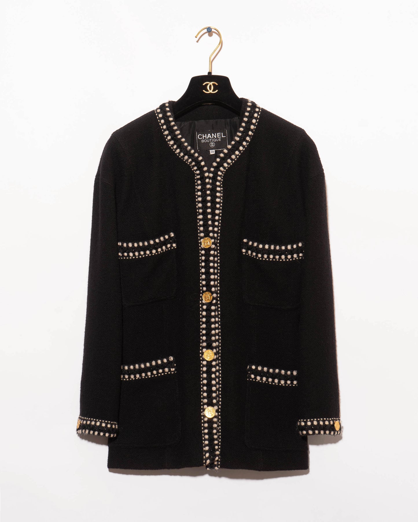 FR36-38 Rare Chanel Spring 1987 Classic Collarless Four Pocket Contrasting Trim Black Tweed Jacket