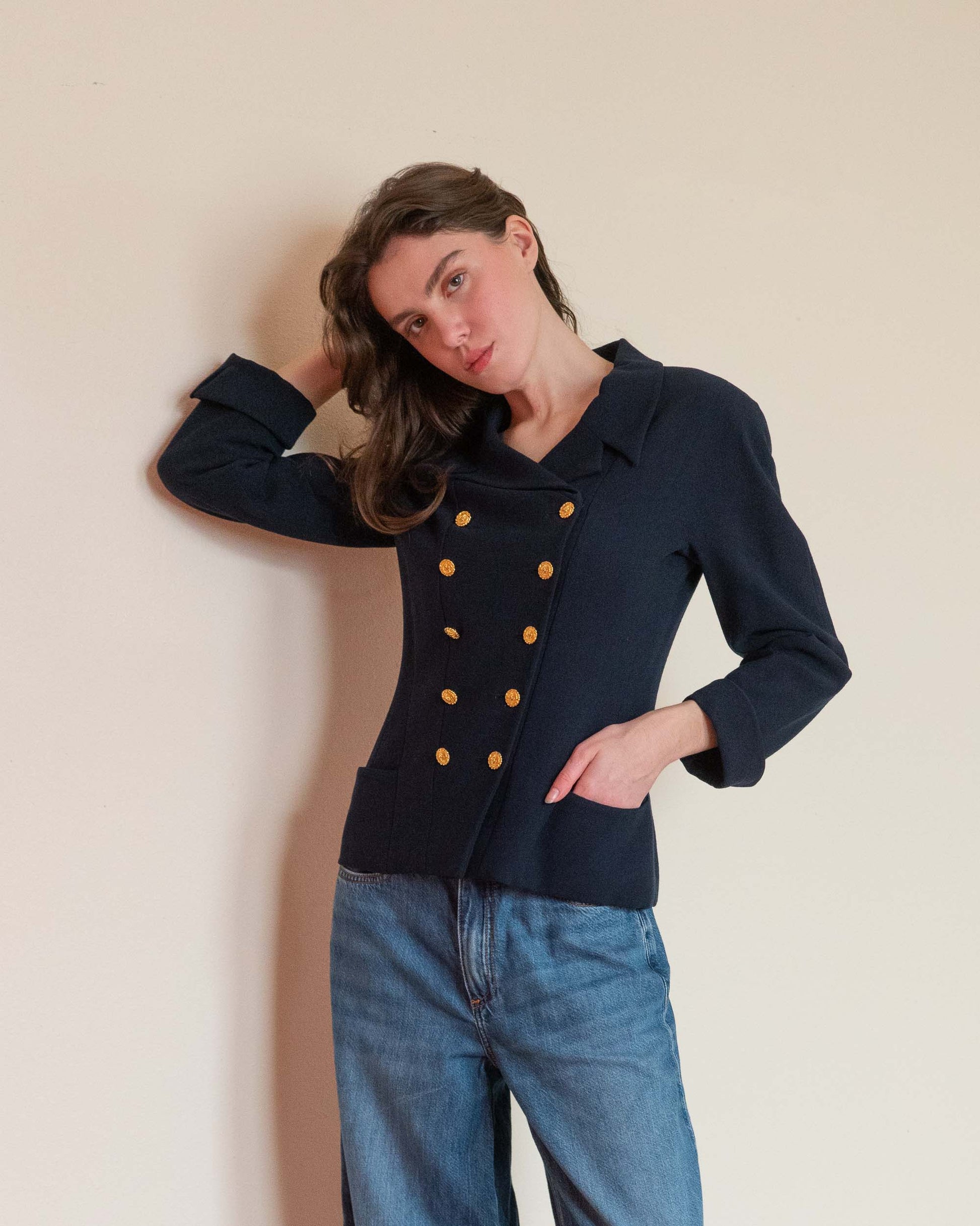 FR36-38 Chanel 1980s Double-Breasted Two Pocket Navy Wool Jacket - Vintage Chanel Jacket -   - Rarchive.