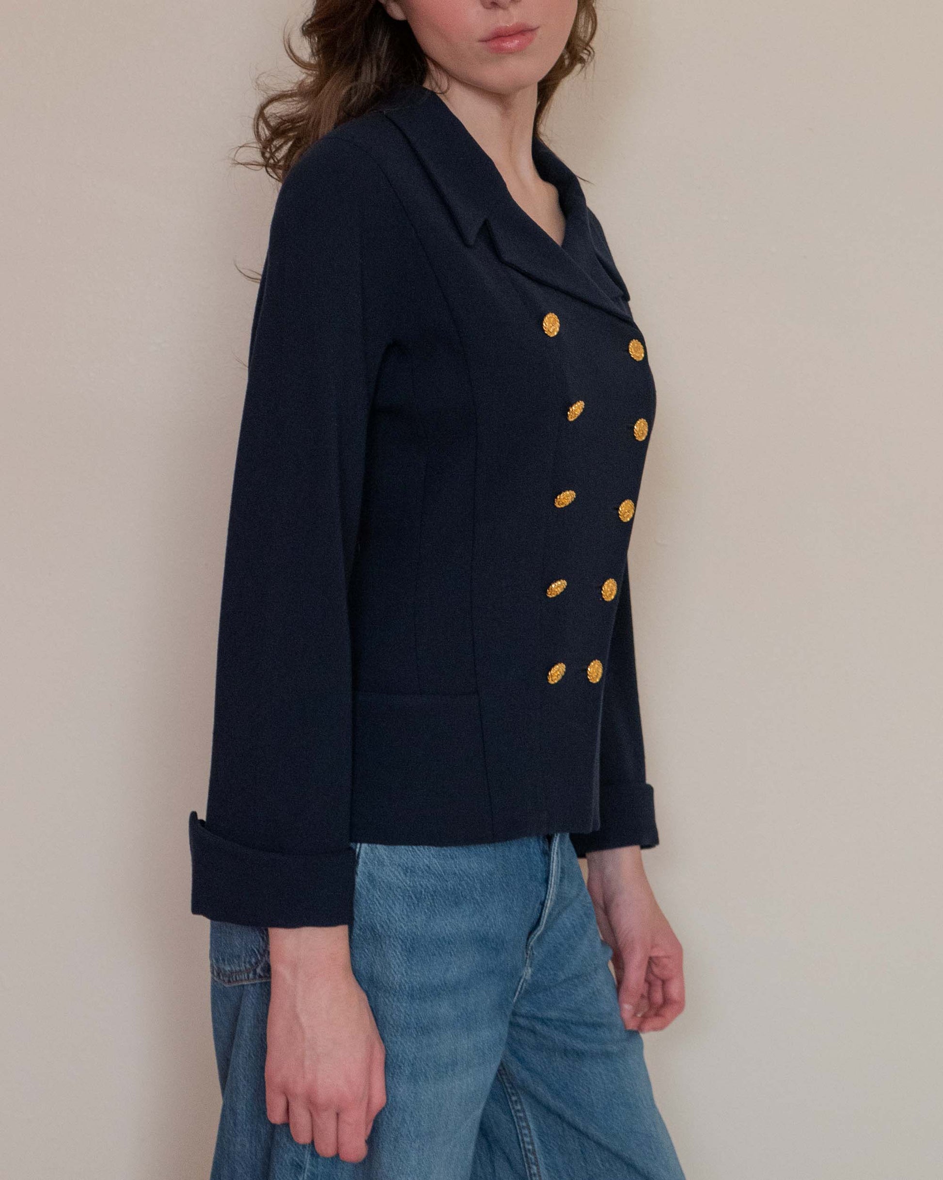 FR36-38 Chanel 1980s Double-Breasted Two Pocket Navy Wool Jacket - Vintage Chanel Jacket -   - Rarchive.