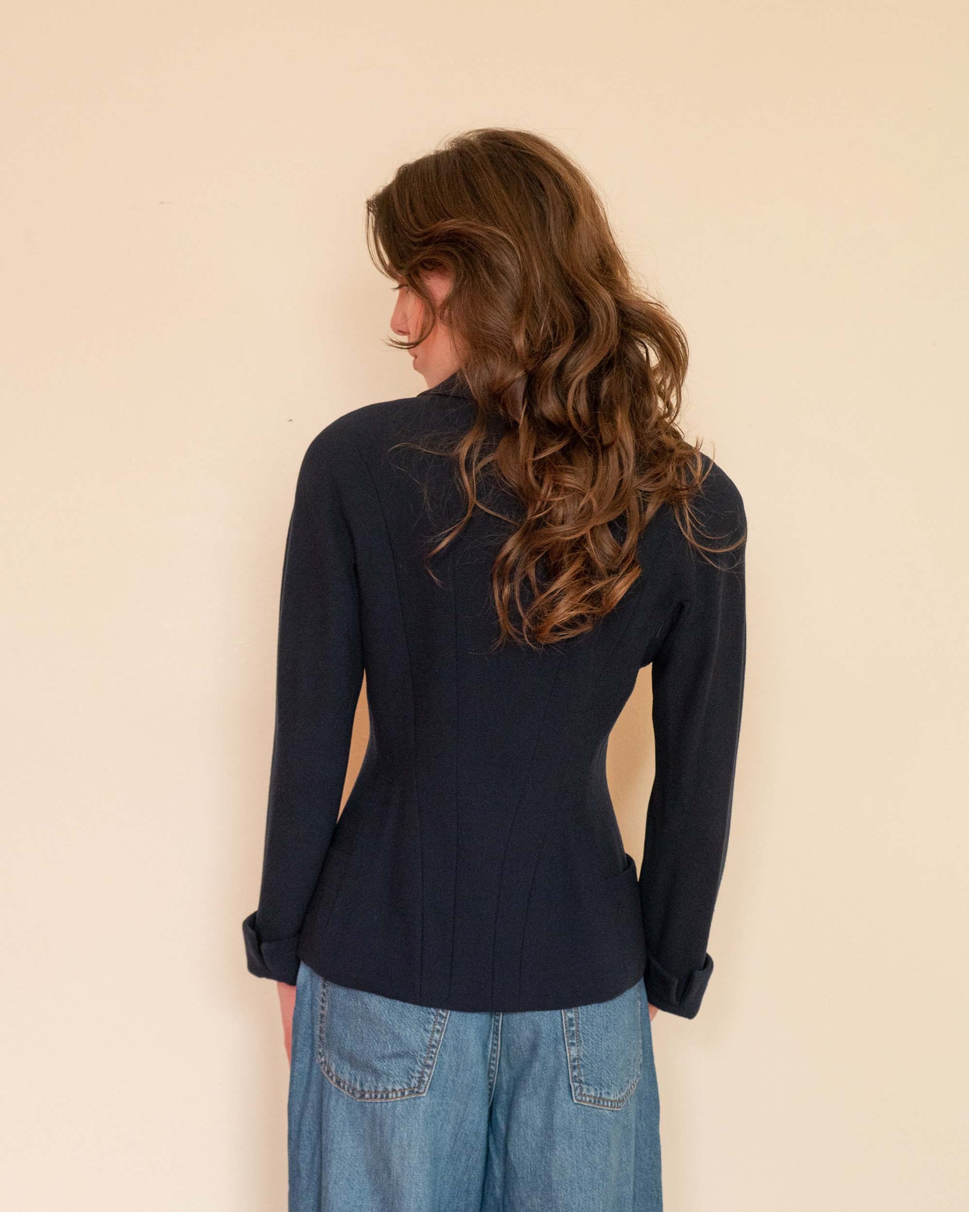 FR36-38 Chanel 1980s Double-Breasted Two Pocket Navy Wool Jacket - Vintage Chanel Jacket -   - Rarchive.