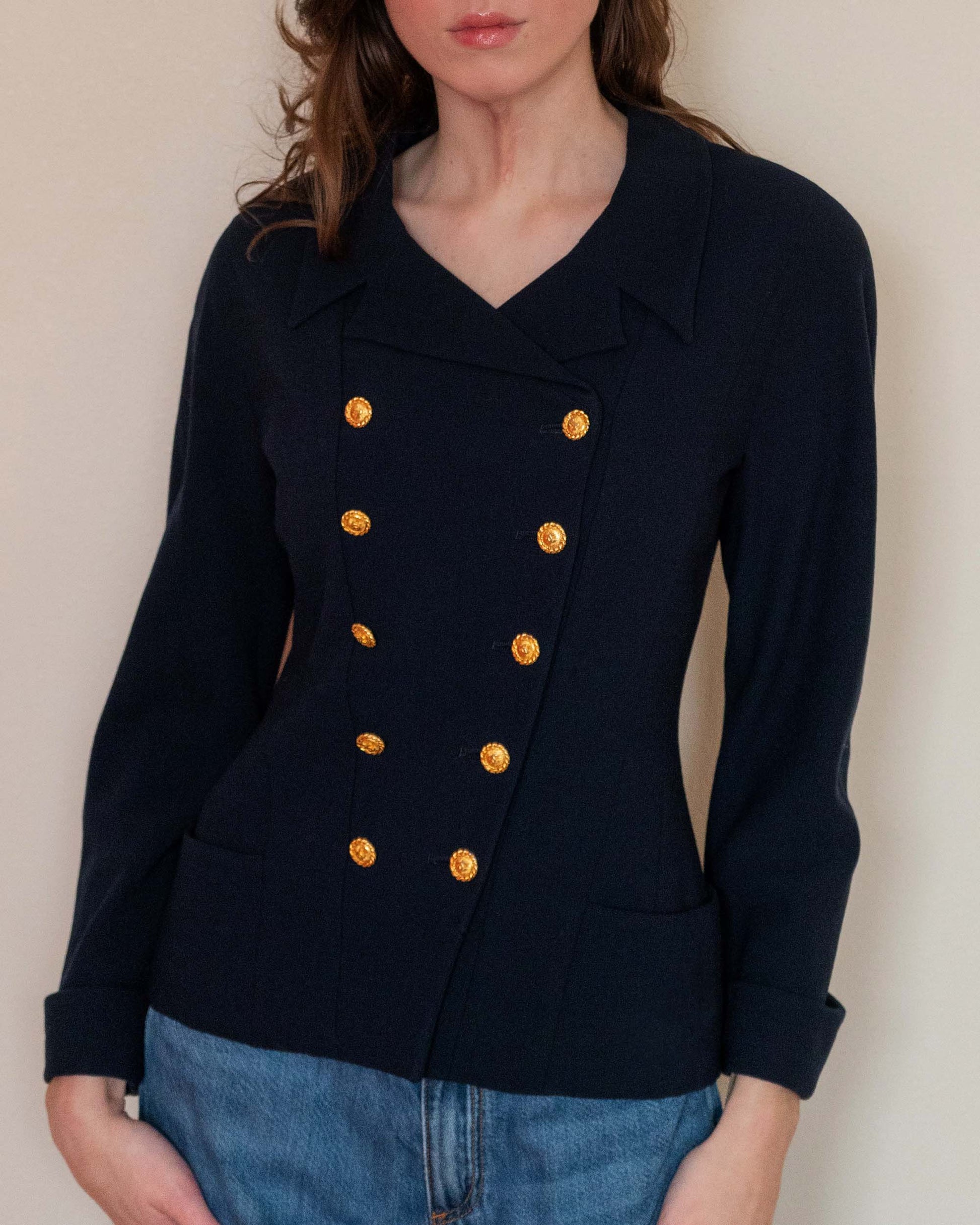 FR36-38 Chanel 1980s Double-Breasted Two Pocket Navy Wool Jacket - Vintage Chanel Jacket -   - Rarchive.