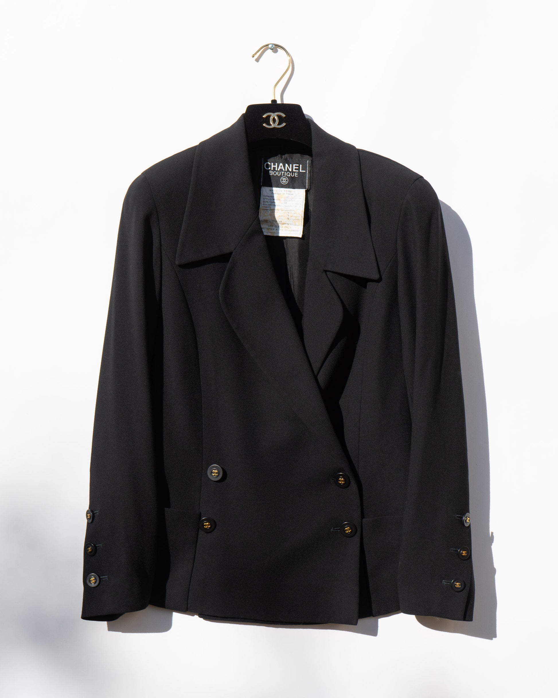 FR36-38 Chanel Spring 1994 Double Breasted Two Pocket Black Wool Jacket - Vintage Chanel Jacket -   - Rarchive.