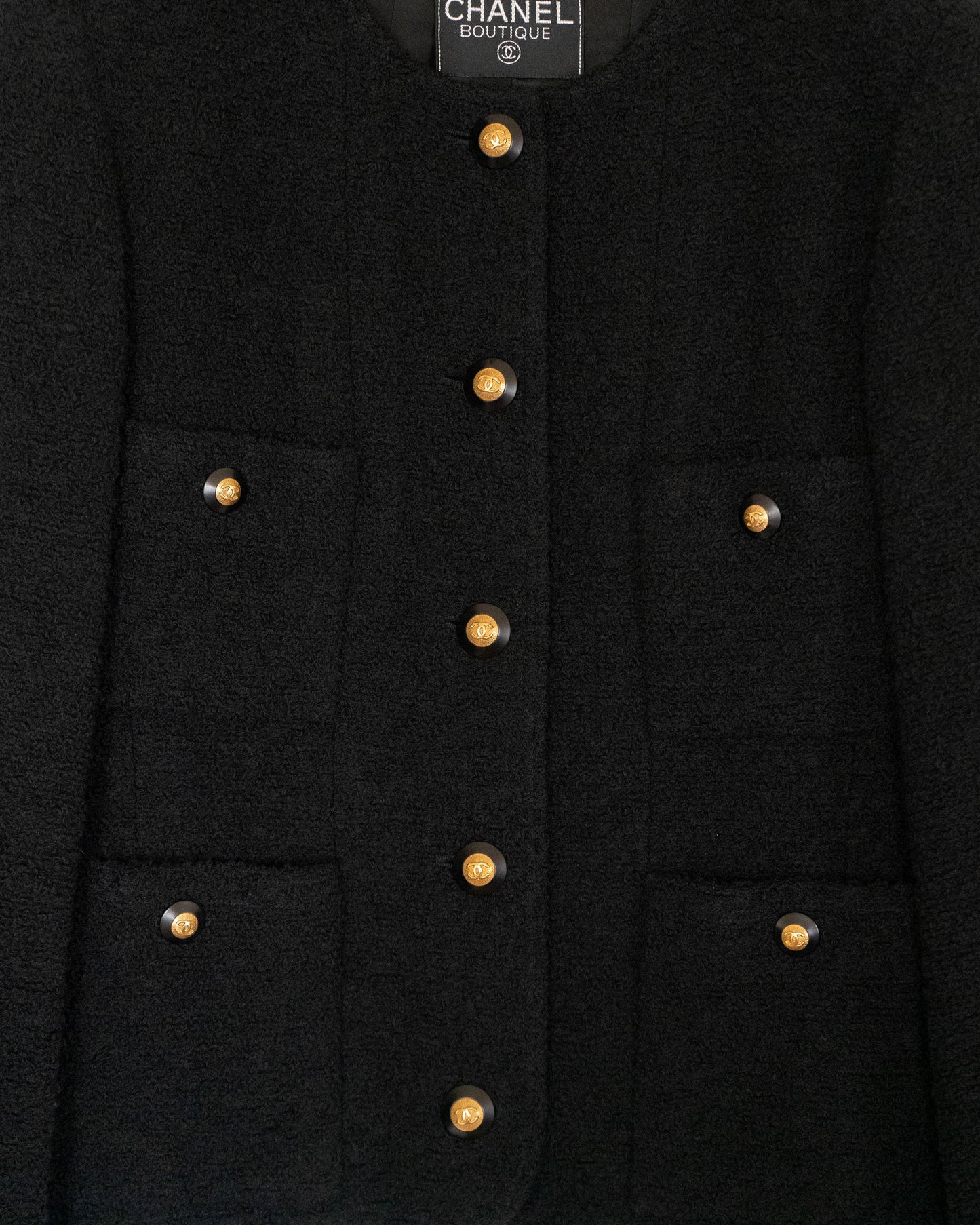 FR40-42 Rare Chanel Fall 1993 Classic Four Pocket Collarless Black Tweed Boucle Jacket - Vintage Chanel Jacket -  Jacket - Rarchive.