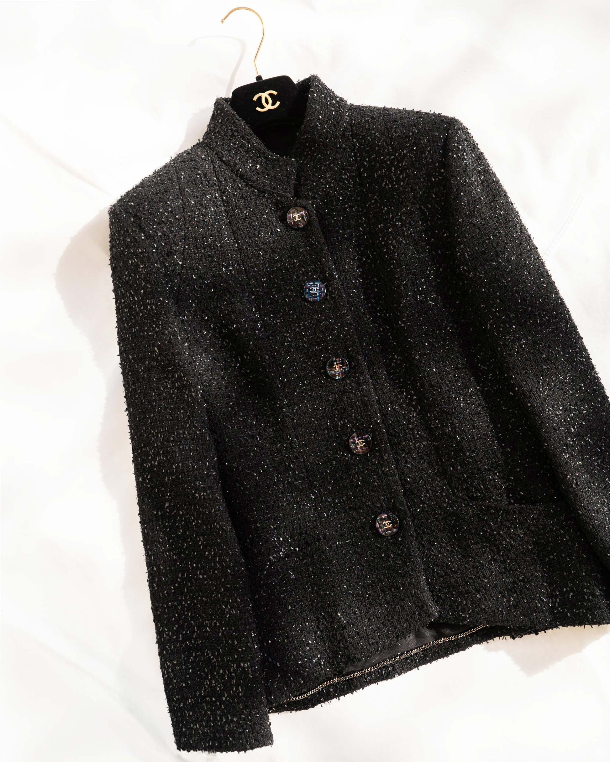 FR40-42 Chanel Spring 2019 Classic High Collar Two Pocket Black Fantasy Tweed Jacket - Vintage Chanel Jacket -   - Rarchive.