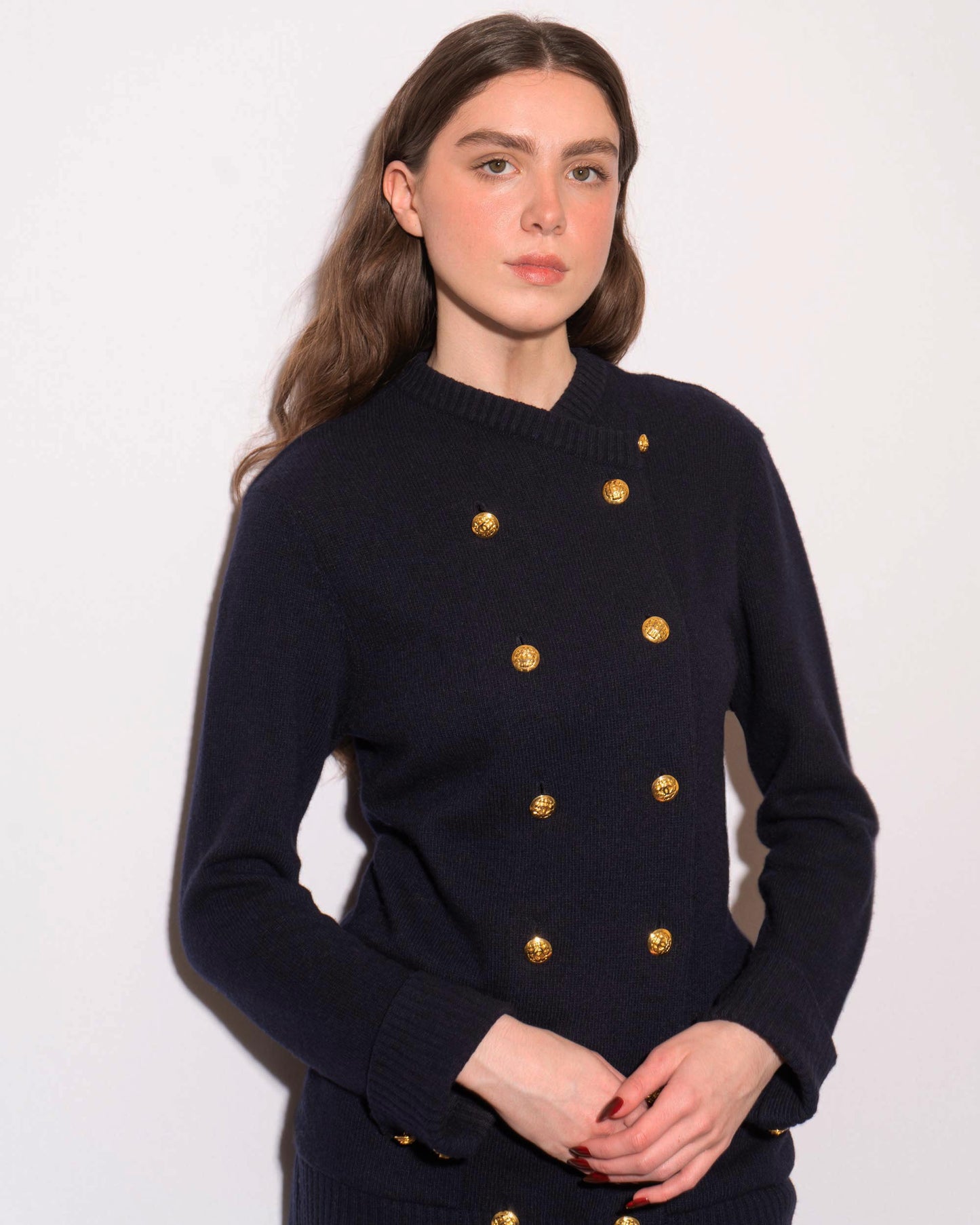 FR34-38 Chanel Fall 1990 Two Pocket Double Breasted Navy Cashmere Cardigan