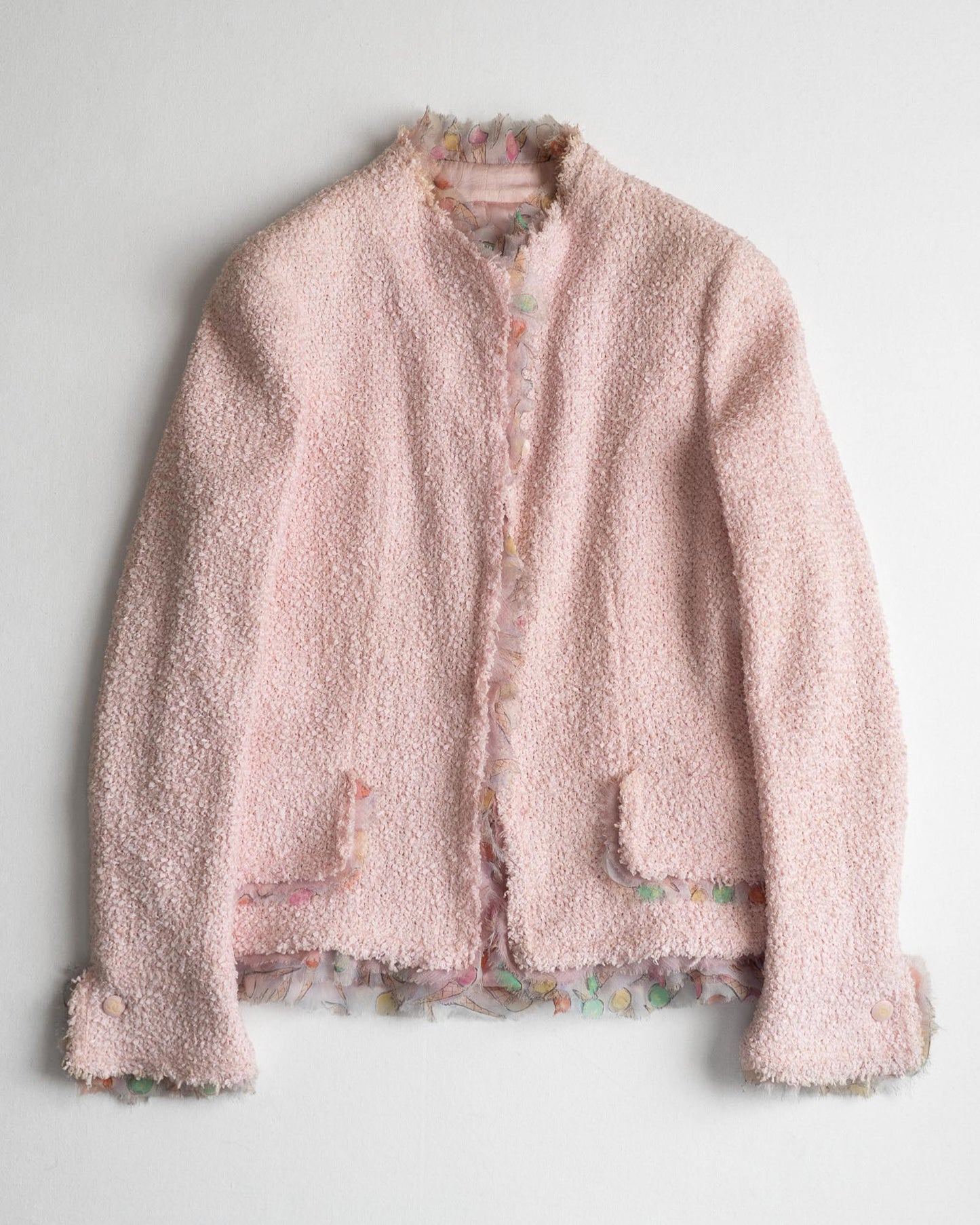 FR36-38 Chanel Cruise 2004 Pink Fantasy Tweed Jacket with Ice Cream Print Silk Trim