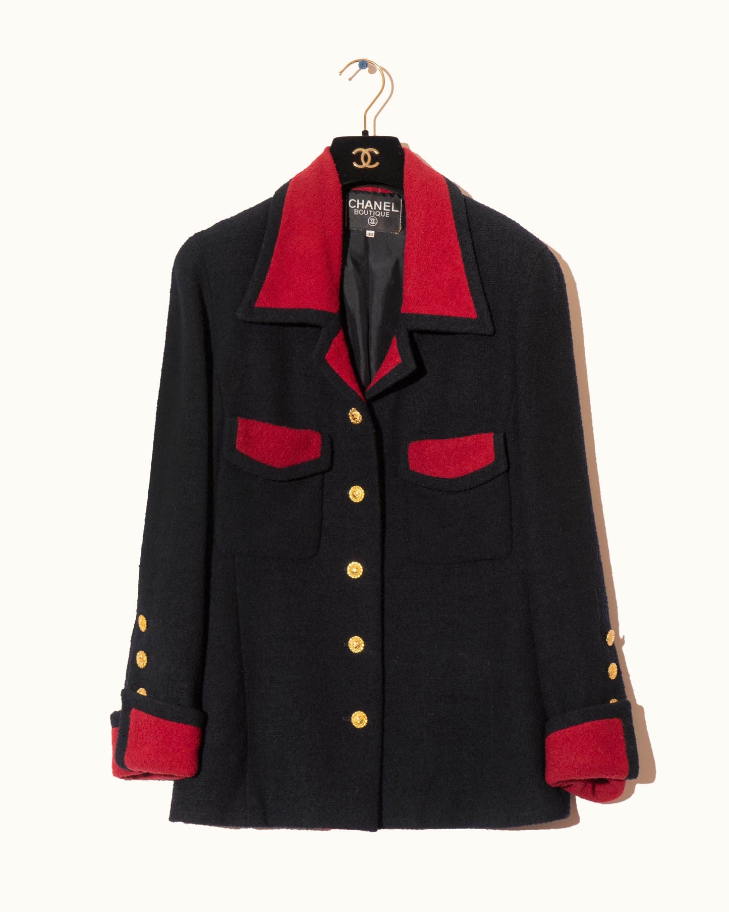 FR38-40 Chanel 1980s Two Pocket Dark Navy and Red Tweed Jacket